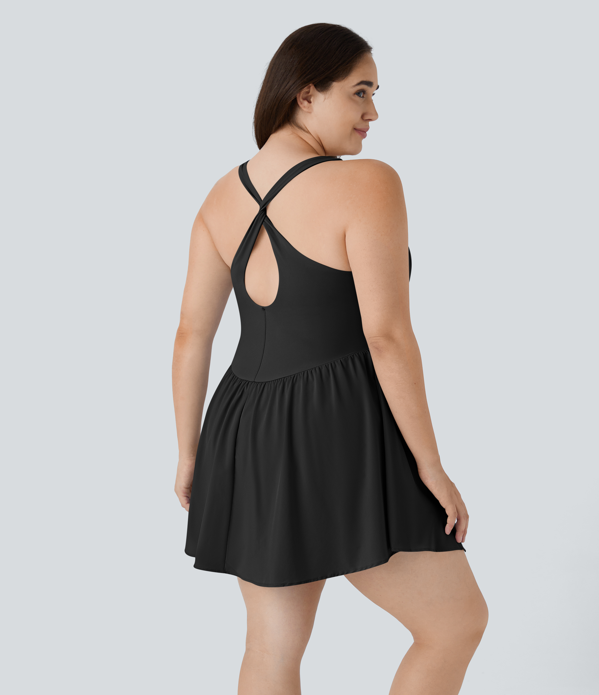 Halara Breezefulв„ў Square Neck Backless Cut Out Crisscross Twisted Back 2-in-1 Side Pocket Corset Mini Quick Dry Flowy Casual Plus Size Dress  - Black - 1X 