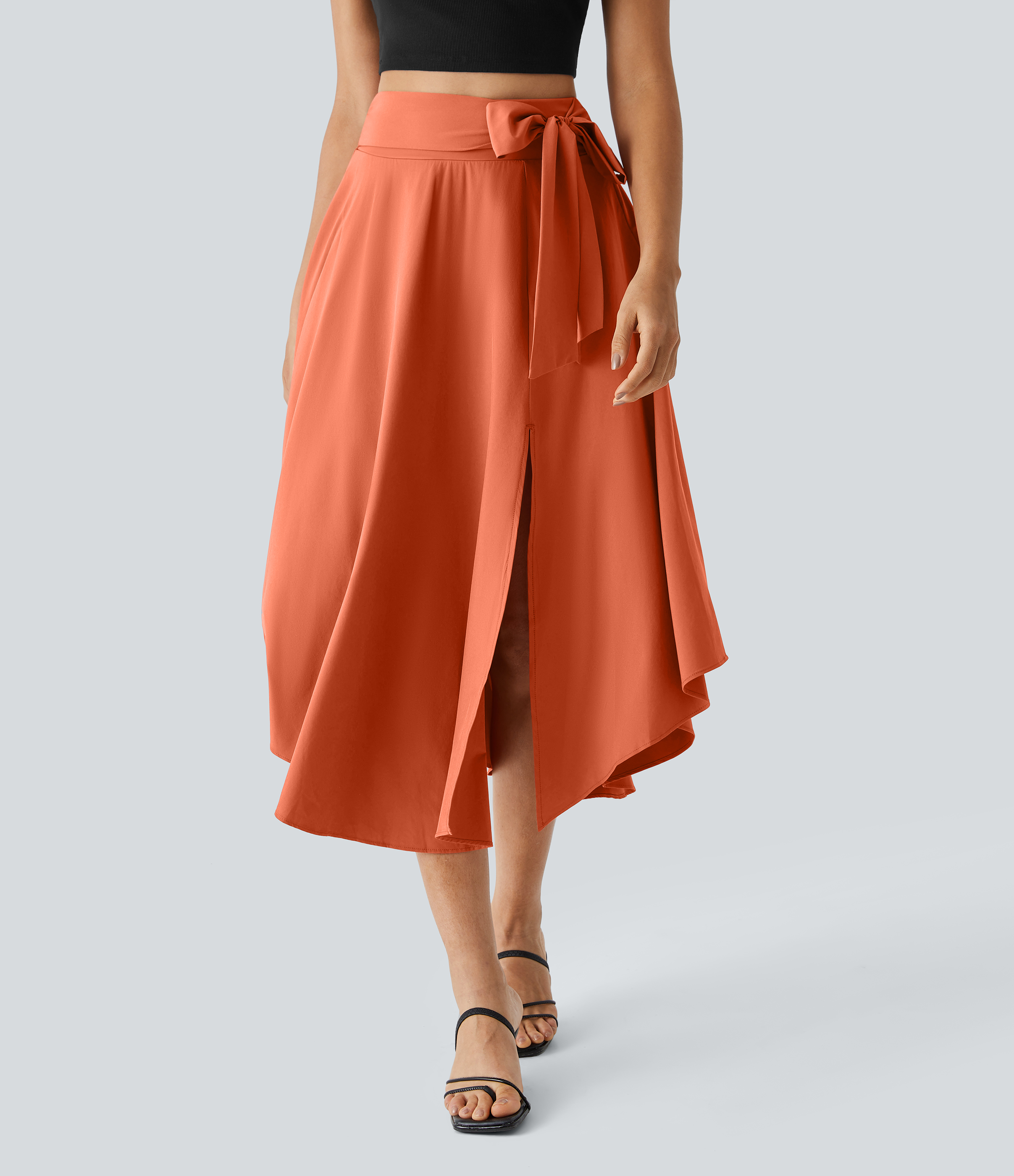 Halara Breezefulв„ў High Waisted Tie Side Split 2-in-1 Curved Hem Flowy Flare Quick Dry Midi Casual Skirt  - Blush Orange - M(regular) 