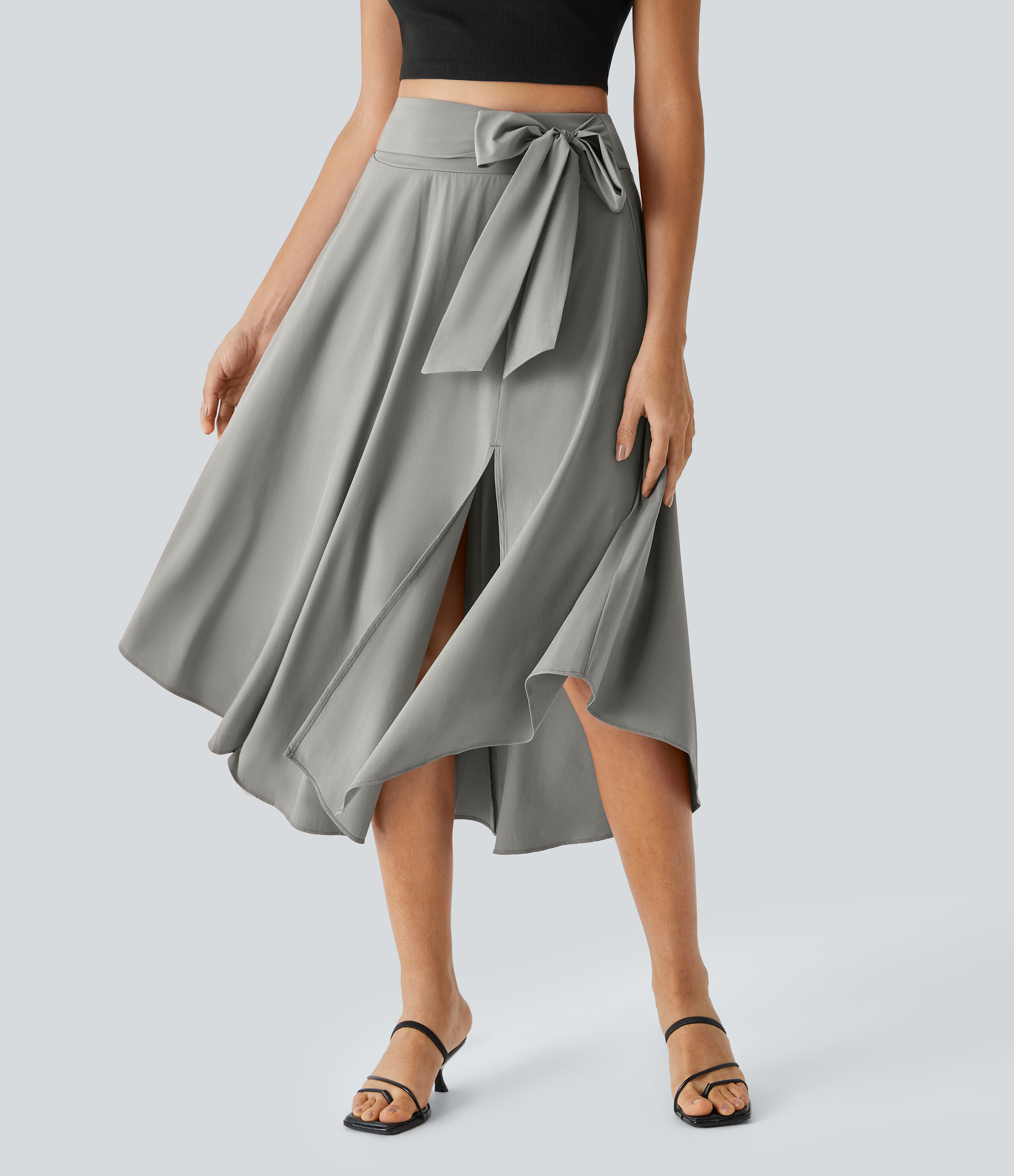 Halara Breezefulв„ў High Waisted Tie Side Split 2-in-1 Curved Hem Flowy Flare Quick Dry Midi Casual Skirt  - Dust Gray - S(regular) 