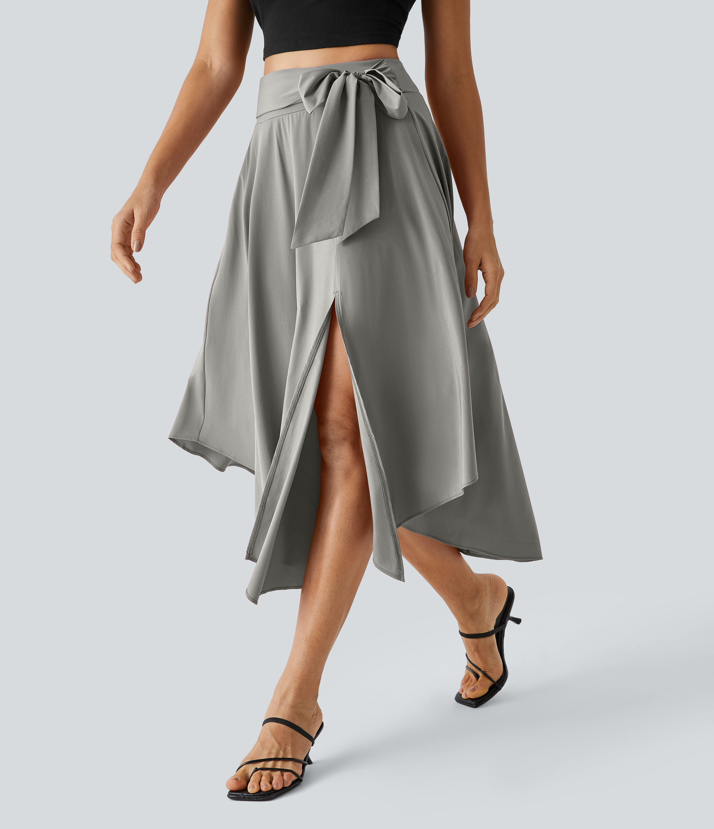 Halara Breezefulв„ў High Waisted Tie Side Split 2-in-1 Curved Hem Flowy Flare Quick Dry Midi Casual Skirt  - Dust Gray - S(regular) 