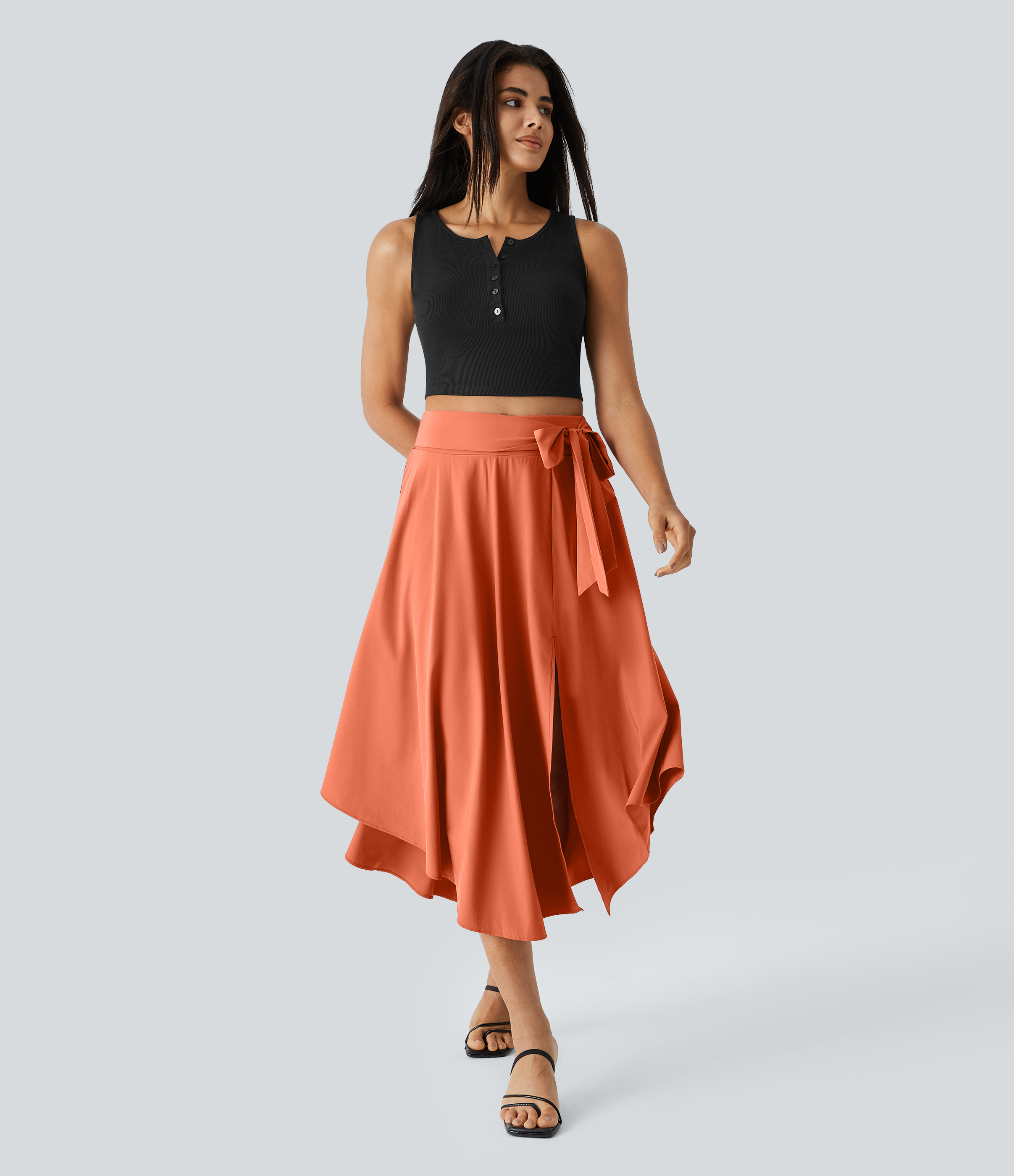 Halara Breezefulв„ў High Waisted Tie Side Split 2-in-1 Curved Hem Flowy Flare Quick Dry Midi Casual Skirt  - Blush Orange - M(regular) 