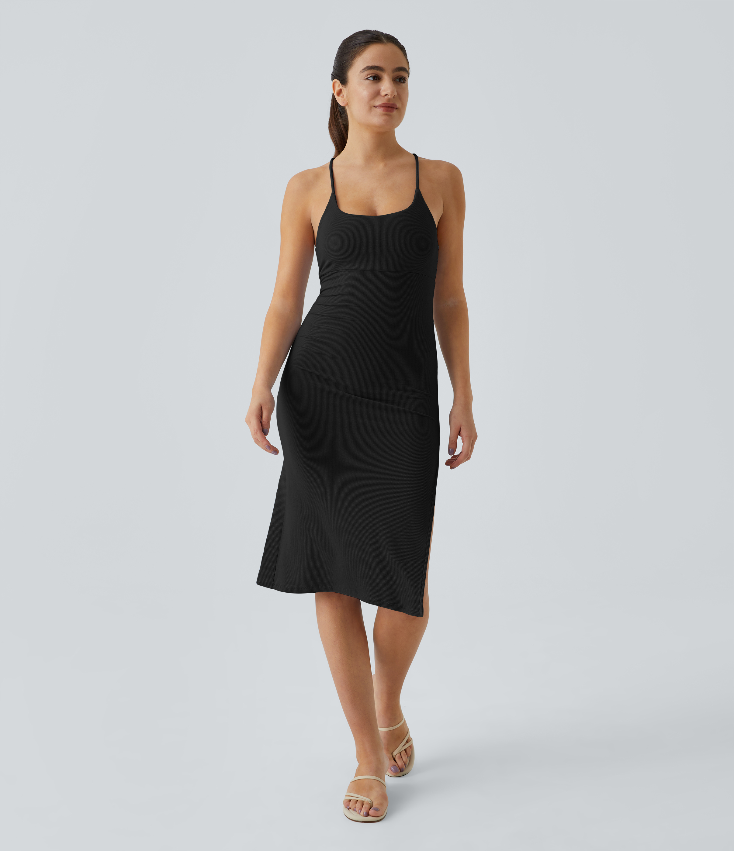 Black Everyday Split Strap Bodycon Midi Chill Party Dress-Sensational / 2