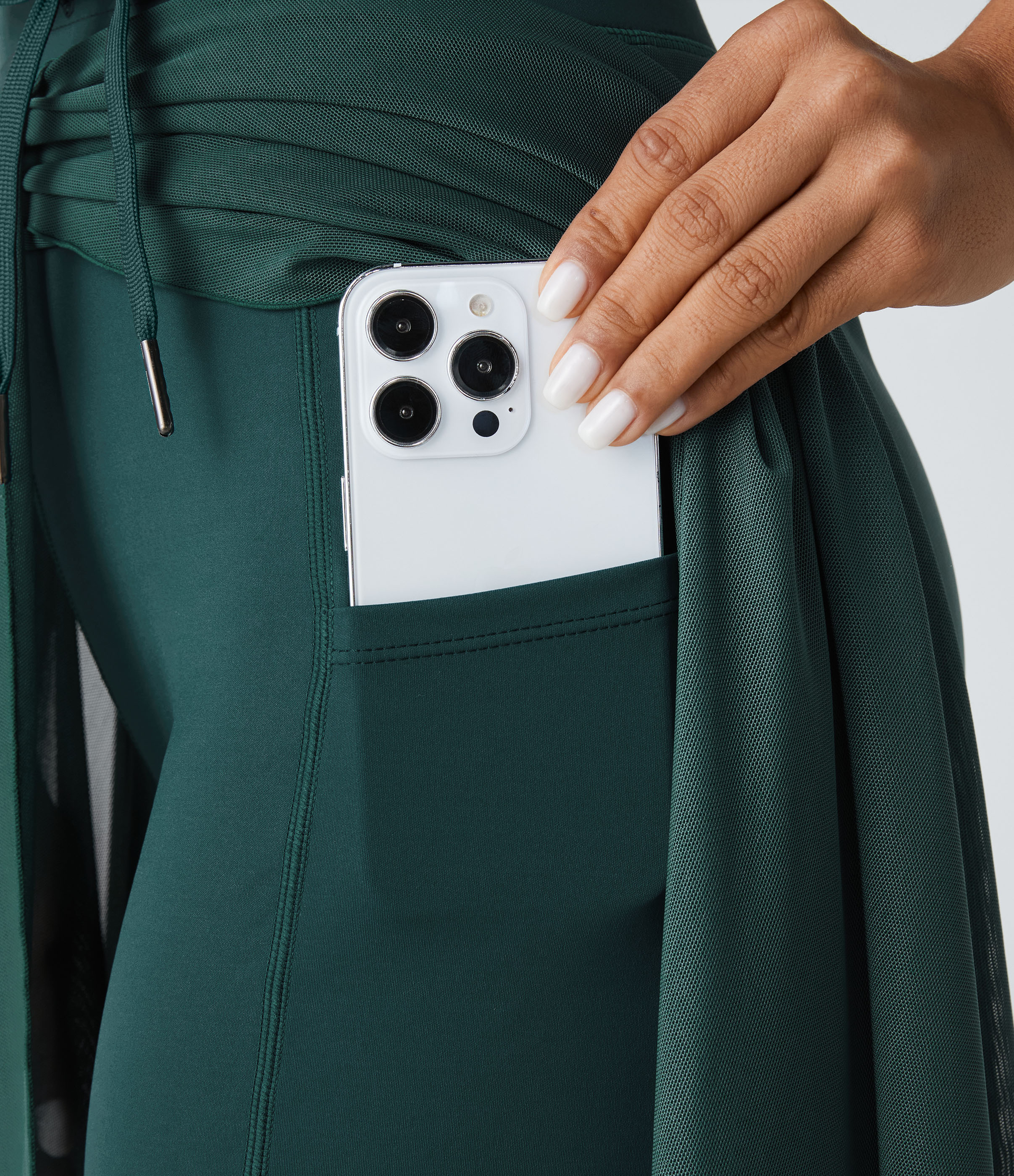 Halara High Waisted Drawstring Contrast Mesh 2-in-1 Side Pocket Flowy Midi Flare Casual Skirt  - Nature Green - XL midi skirt a line skirt 