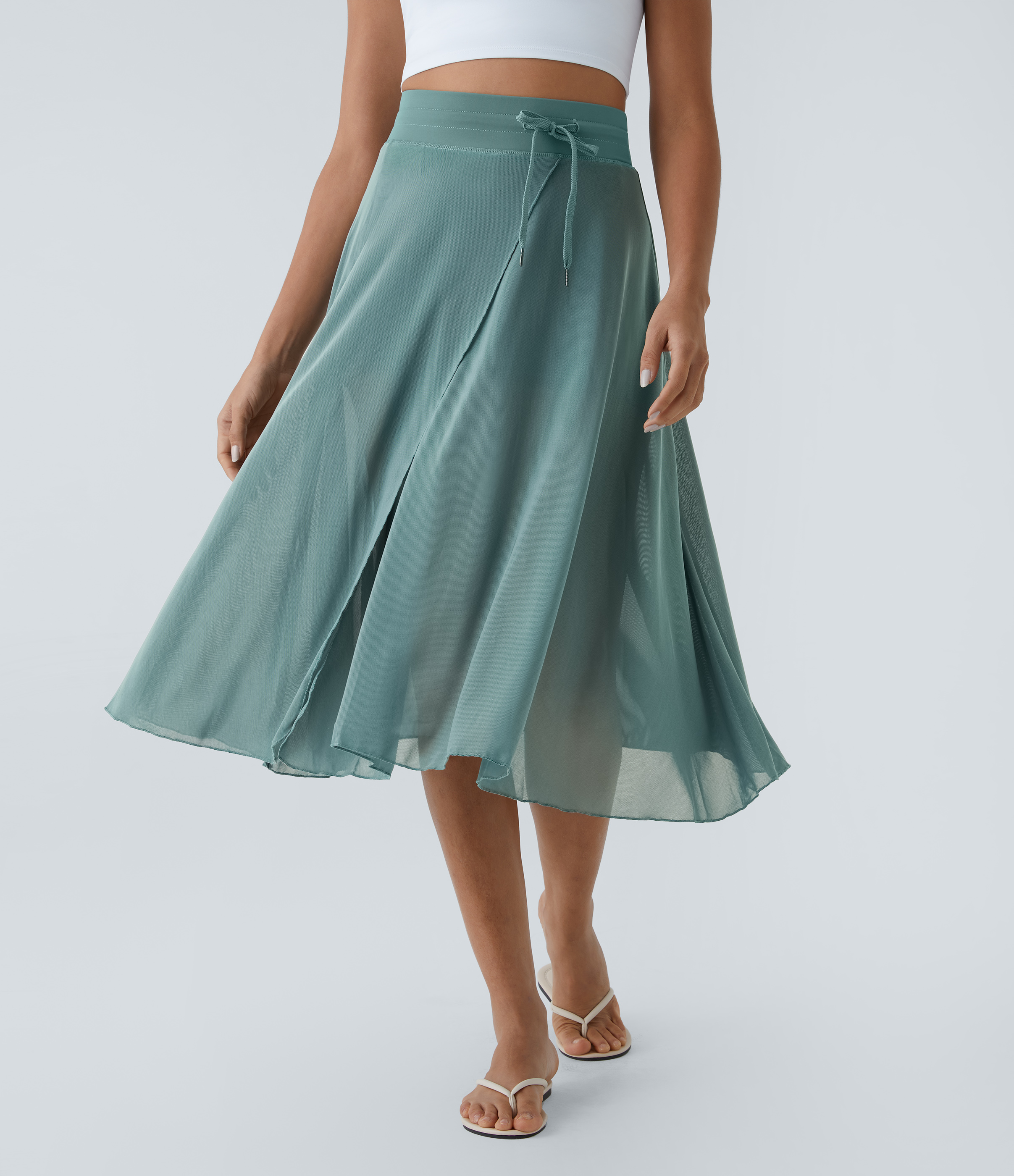 Halara High Waisted Drawstring Contrast Mesh 2-in-1 Side Pocket Flowy Midi Flare Casual Skirt  - Mineral Blue - M midi skirt a line skirt 