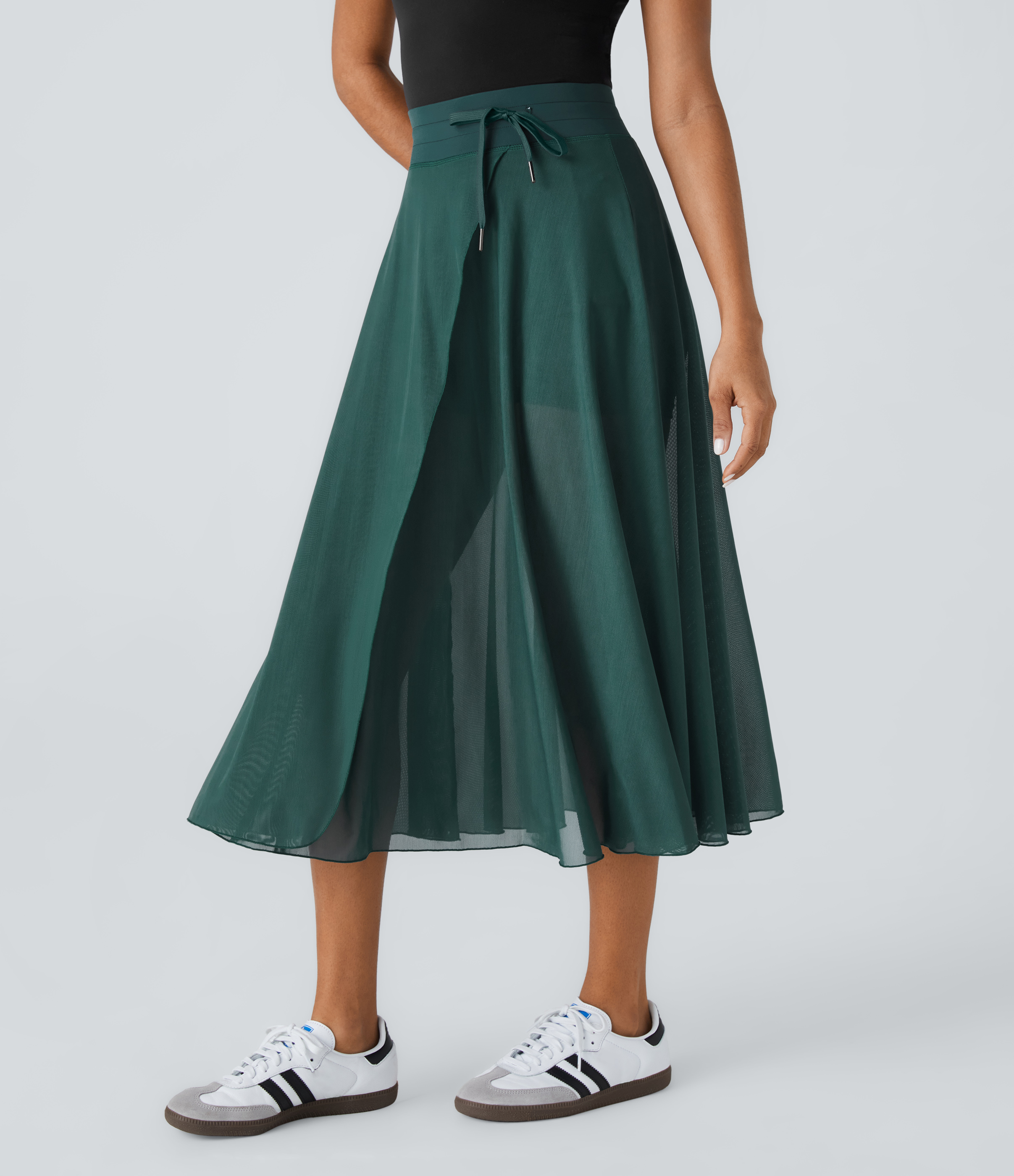 Halara High Waisted Drawstring Contrast Mesh 2-in-1 Side Pocket Flowy Midi Flare Casual Skirt  - Nature Green - XL midi skirt a line skirt 