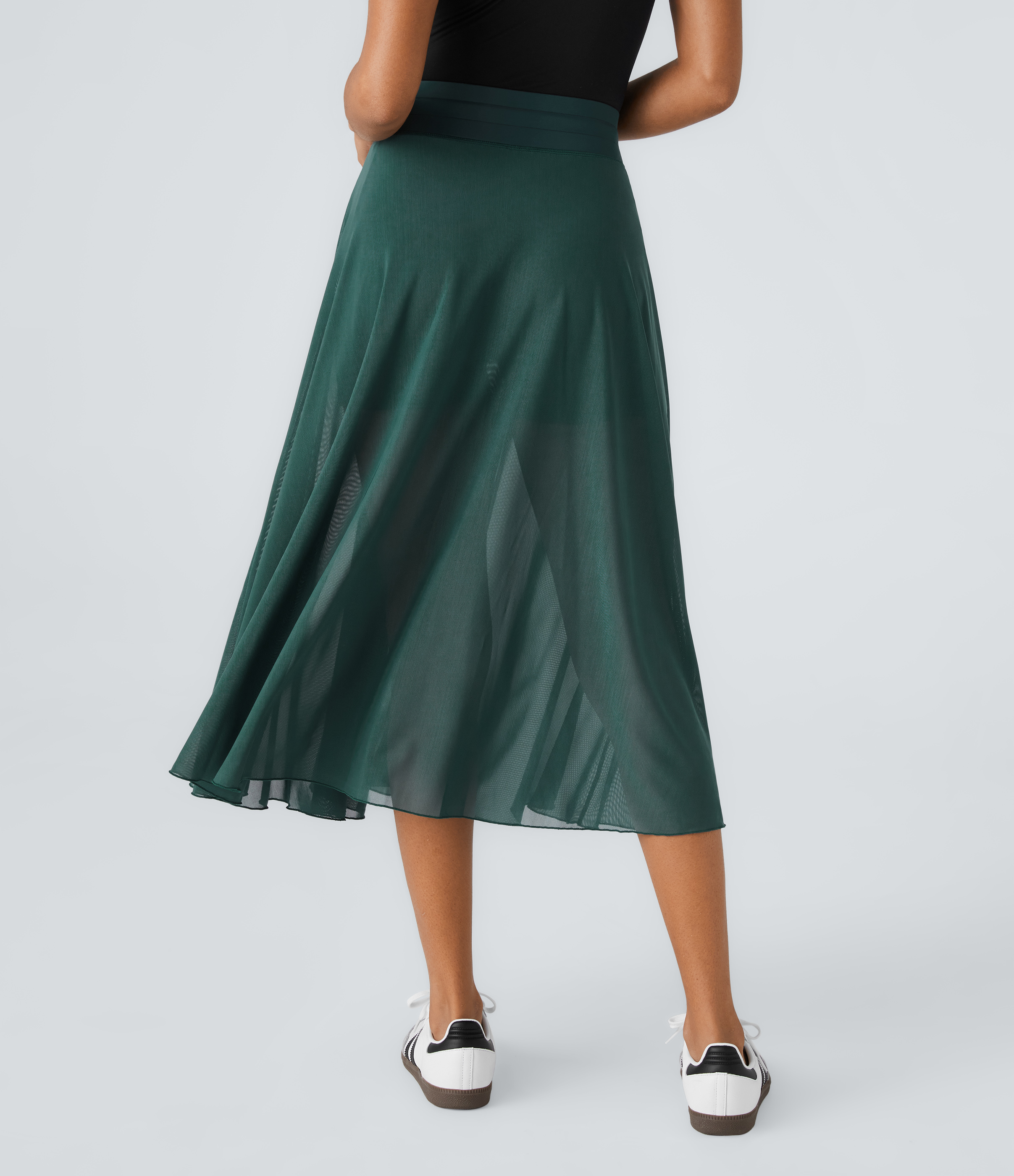 Halara High Waisted Drawstring Contrast Mesh 2-in-1 Side Pocket Flowy Midi Flare Casual Skirt  - Nature Green - XL midi skirt a line skirt 