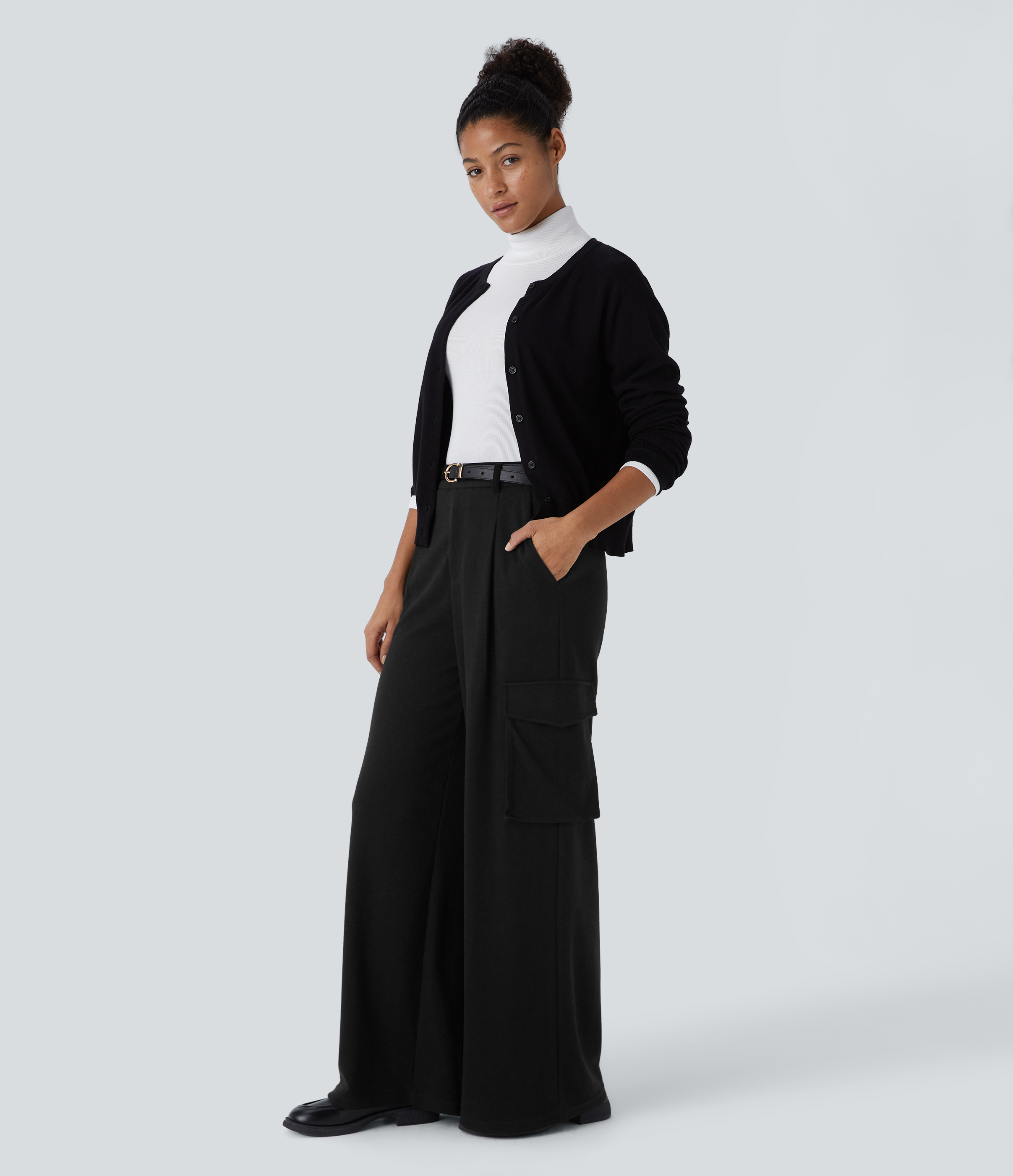 Halara High Waisted Zipper Multiple Pockets Wide Leg Work Cargo Pants  - Black - L(regular) sweatpants jogger pants stacked sweatpants 