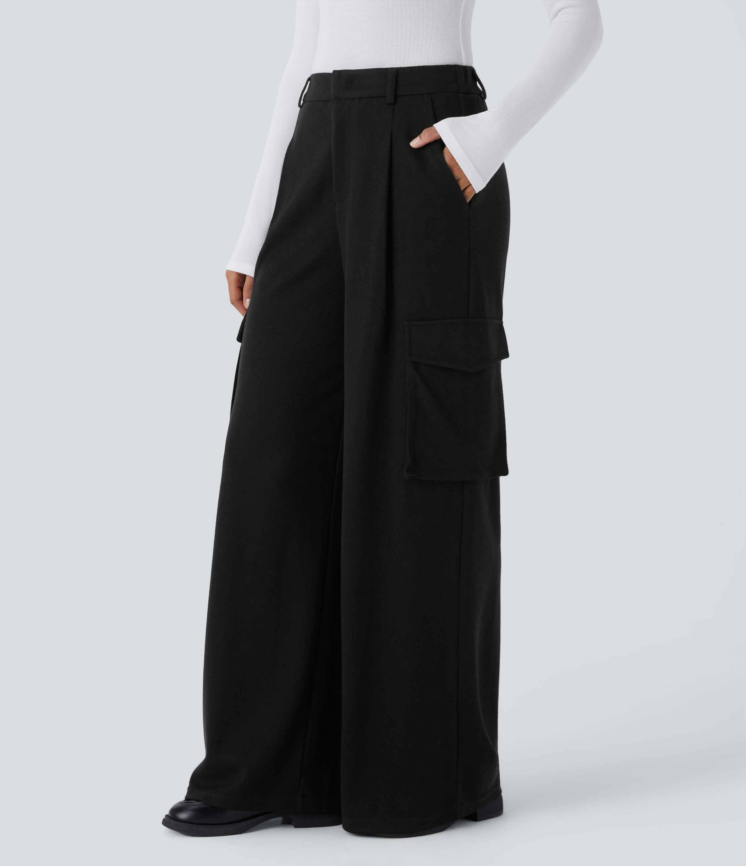 Halara High Waisted Zipper Multiple Pockets Wide Leg Work Cargo Pants  - Black - L(regular) sweatpants jogger pants stacked sweatpants 