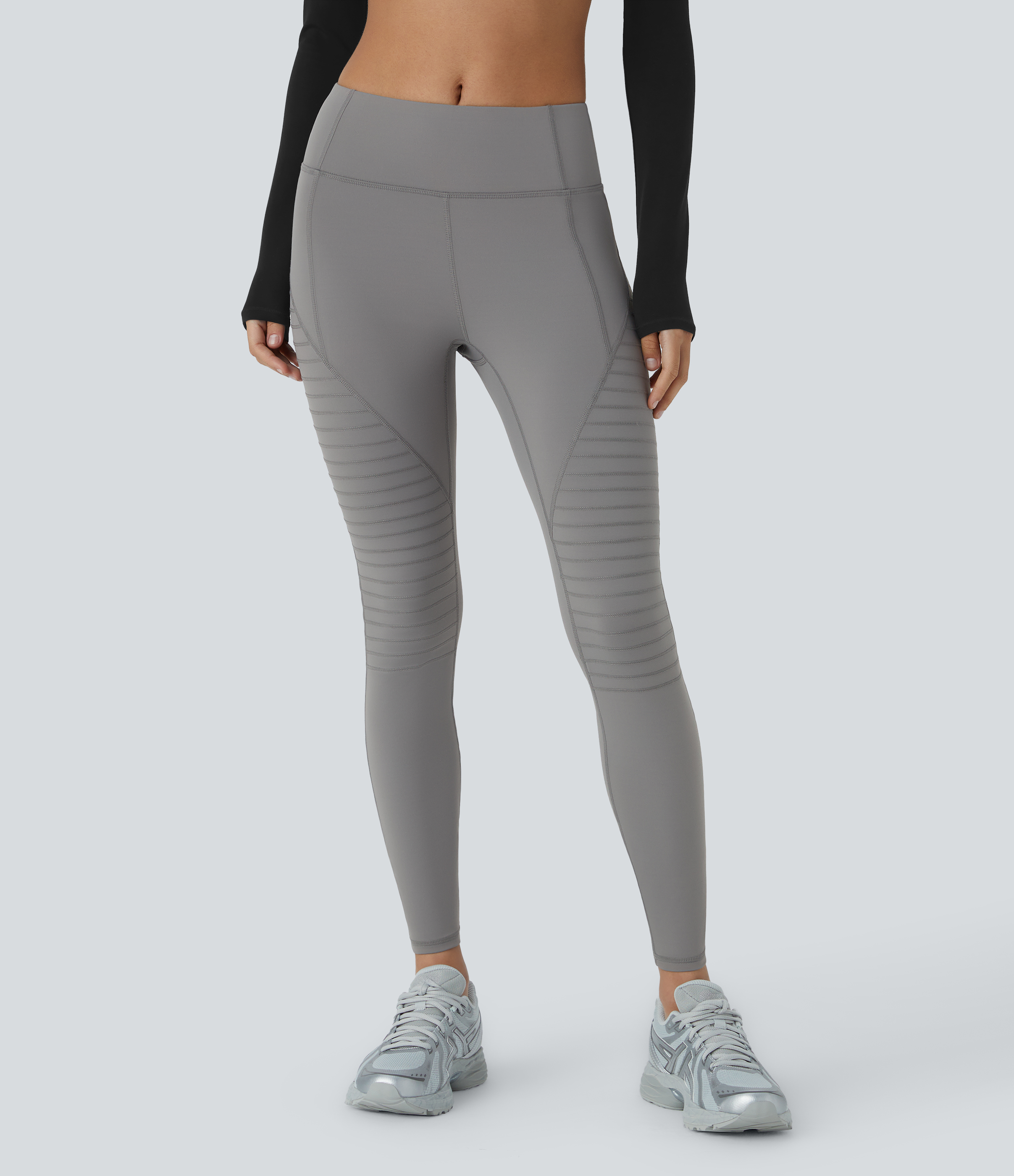 Halara Mid Rise Top-stitching 7/8 Casual Moto Leggings  - Silent Storm - L(7/8) gym leggings leggings with pockets leggings with butt lift 