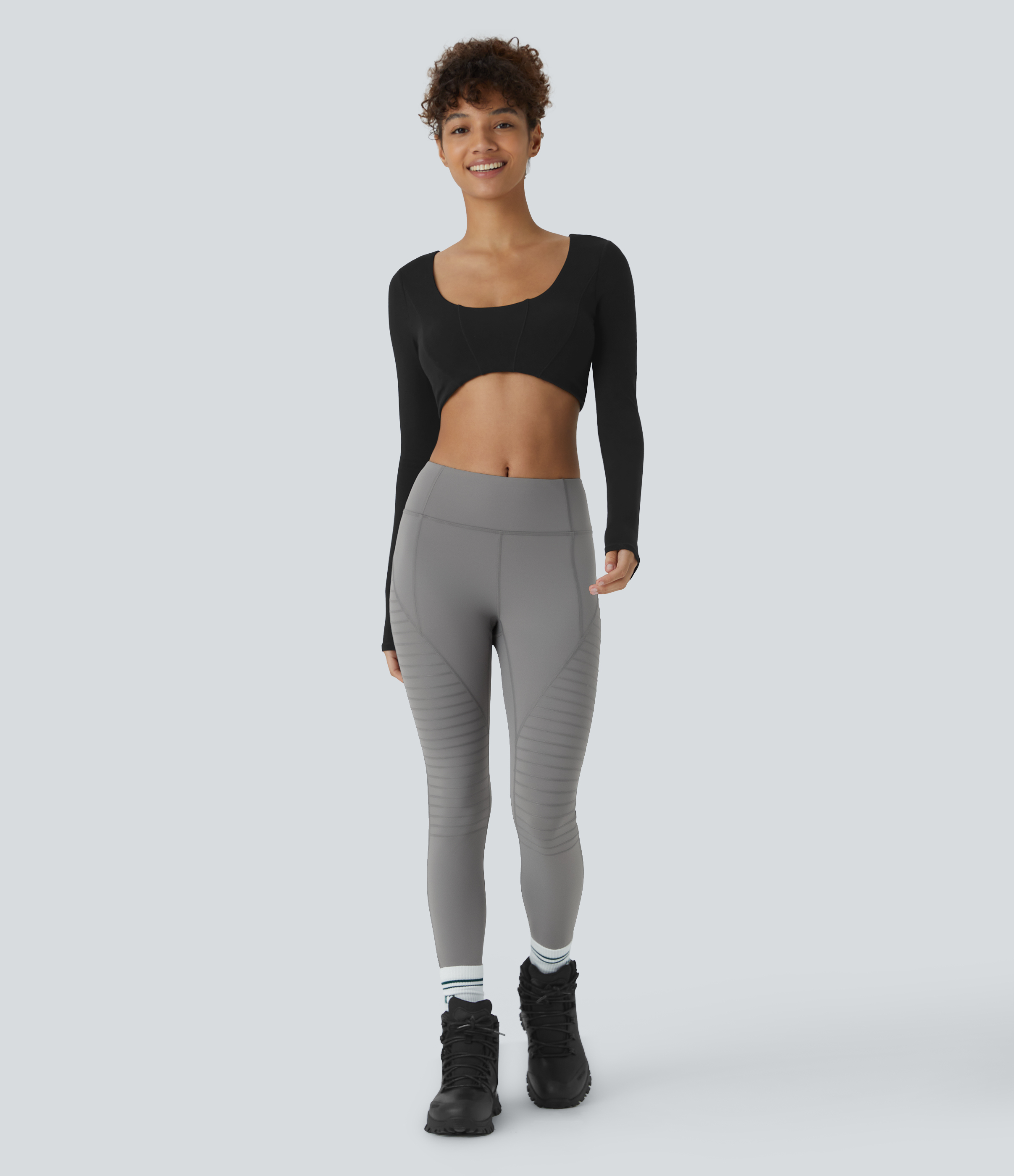 Halara Mid Rise Top-stitching 7/8 Casual Moto Leggings  - Silent Storm - L(7/8) gym leggings leggings with pockets leggings with butt lift 
