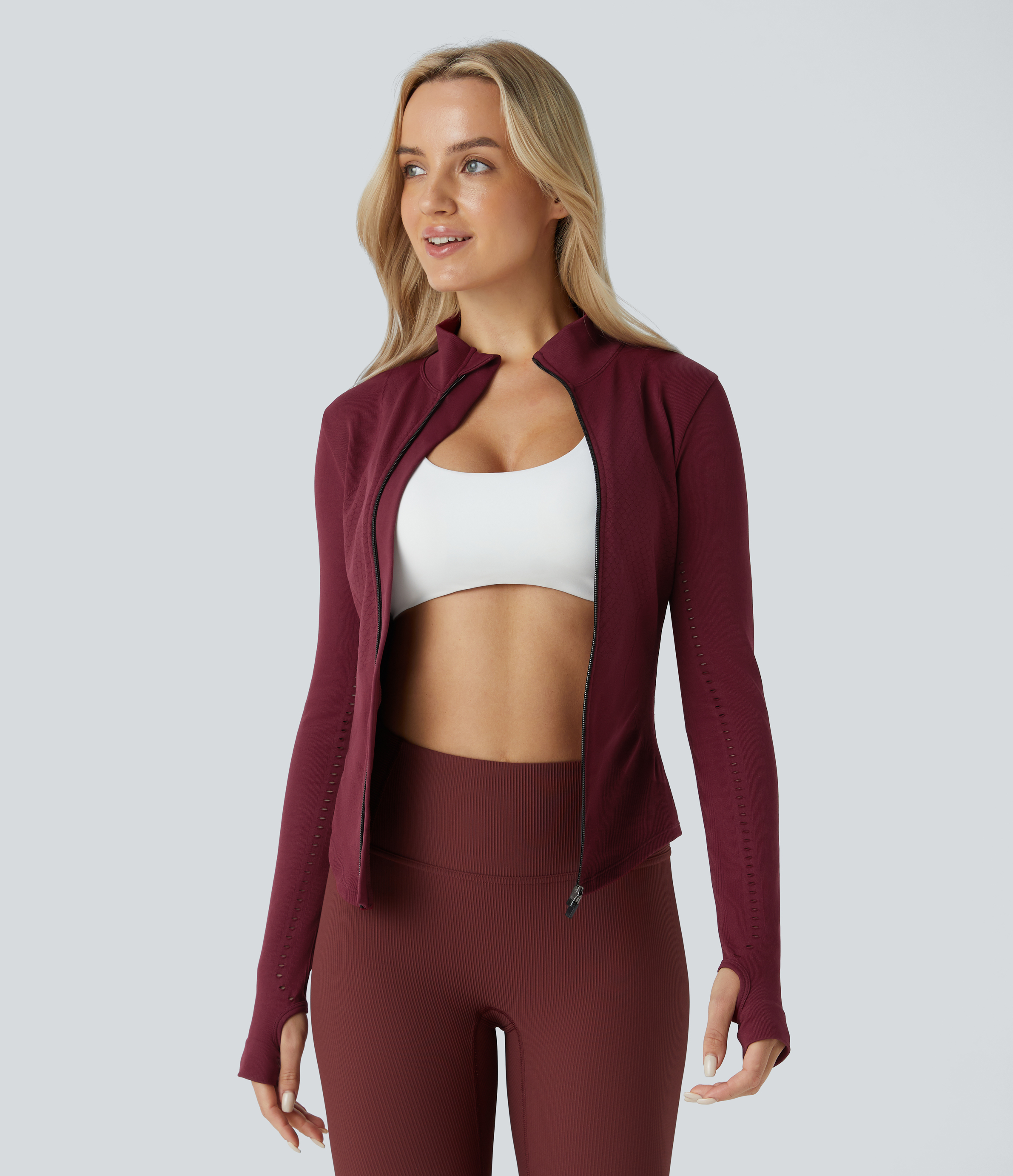 Halara Seamless Flow Stand Collar Long Sleeve Thumb Hole Zipper Skinny Yoga Jacket  - Cabernet - L 