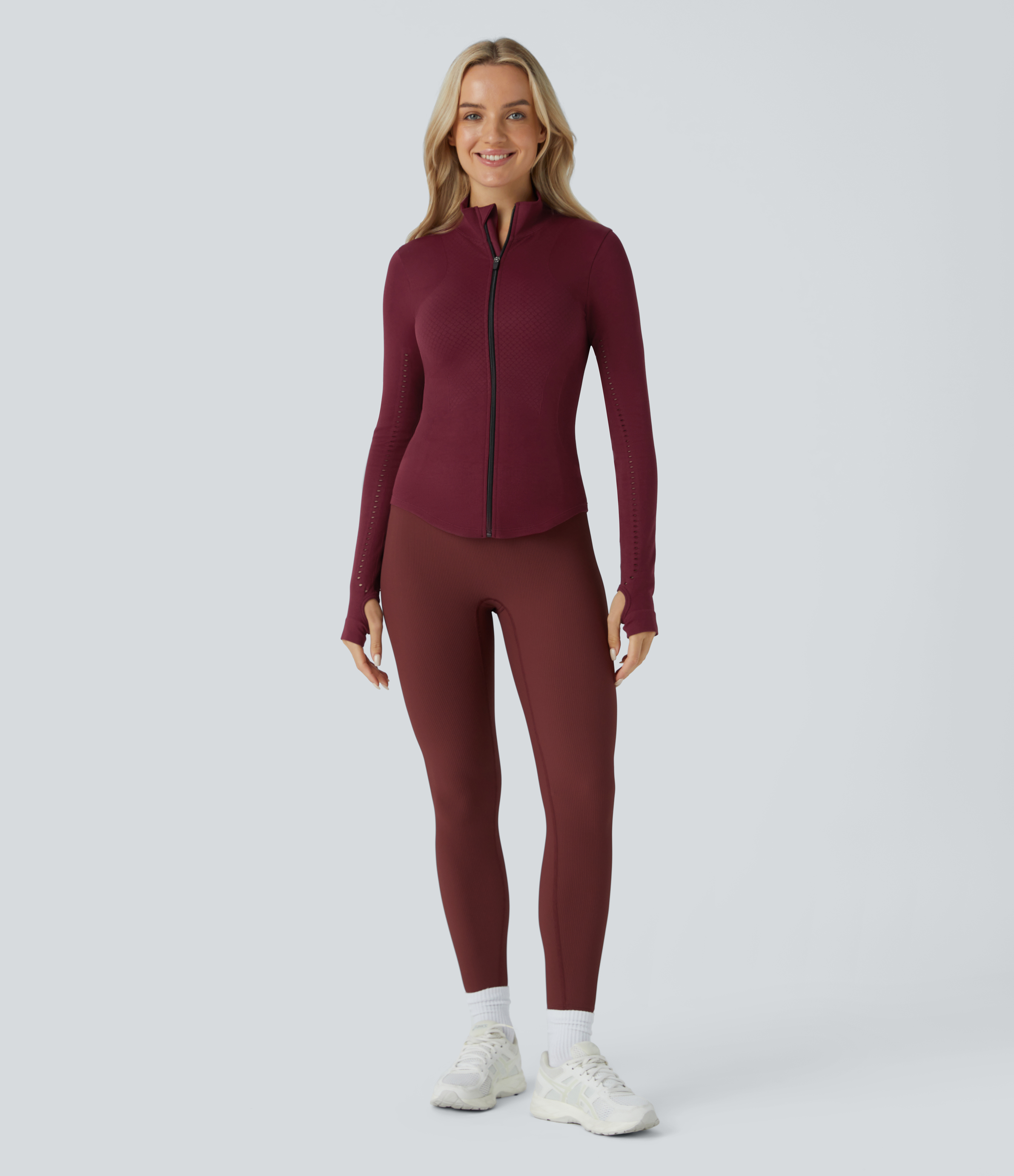 Halara Seamless Flow Stand Collar Long Sleeve Thumb Hole Zipper Skinny Yoga Jacket  - Cabernet - L 