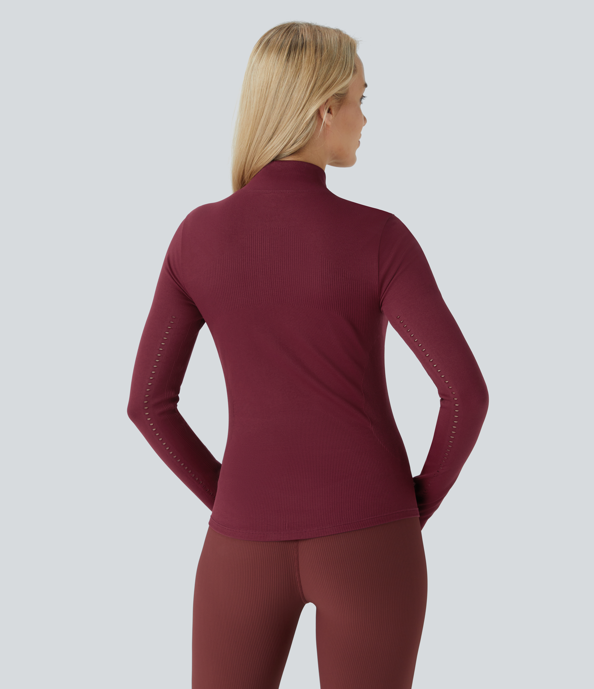 Halara Seamless Flow Stand Collar Long Sleeve Thumb Hole Zipper Skinny Yoga Jacket  - Cabernet - L 