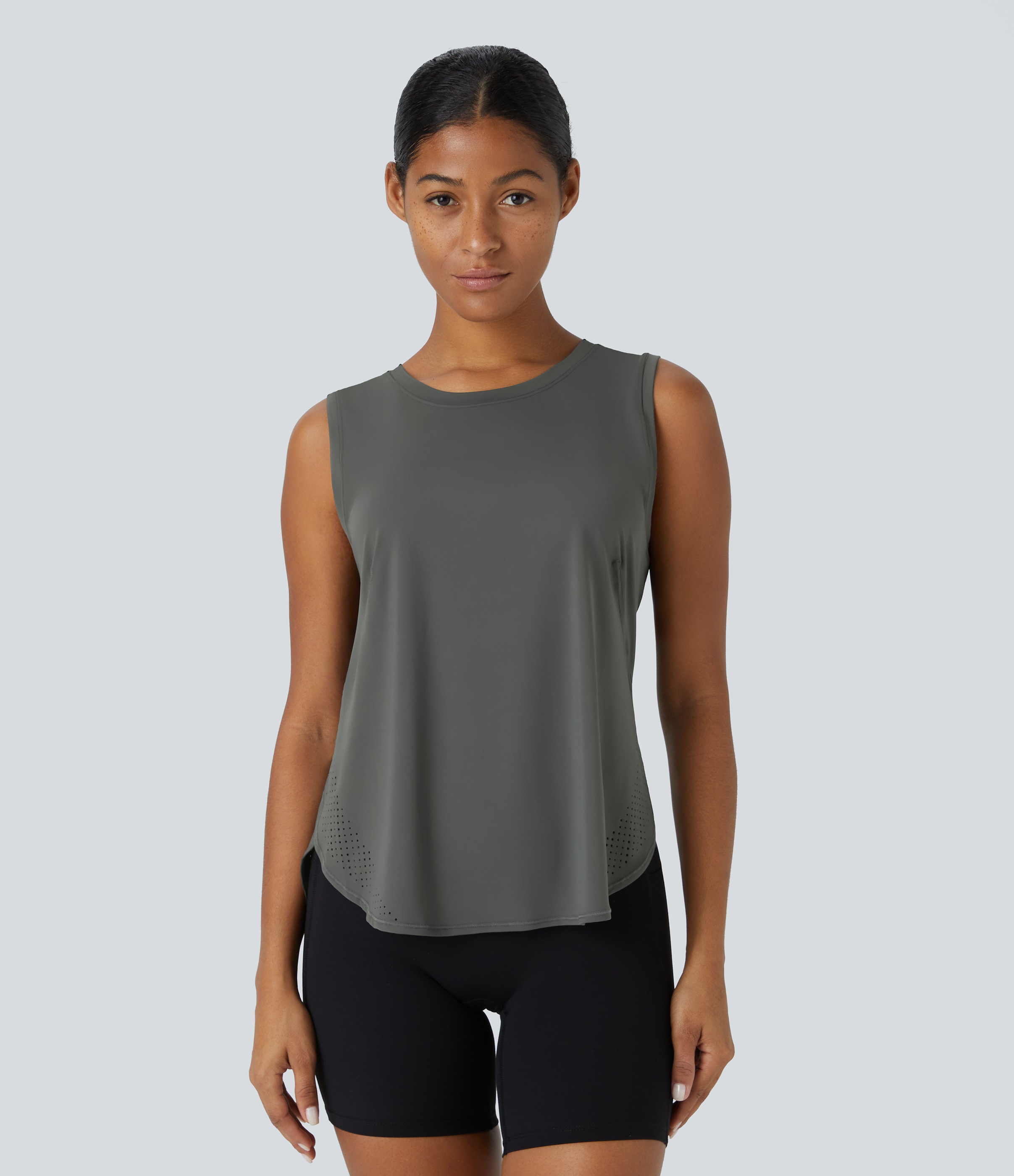 Halara Round Neck Mesh Curved Hem Tennis Tank Top Tank Top - Gunmetal - XS golf tops halter top tunic tops sleeveless tops backless top 