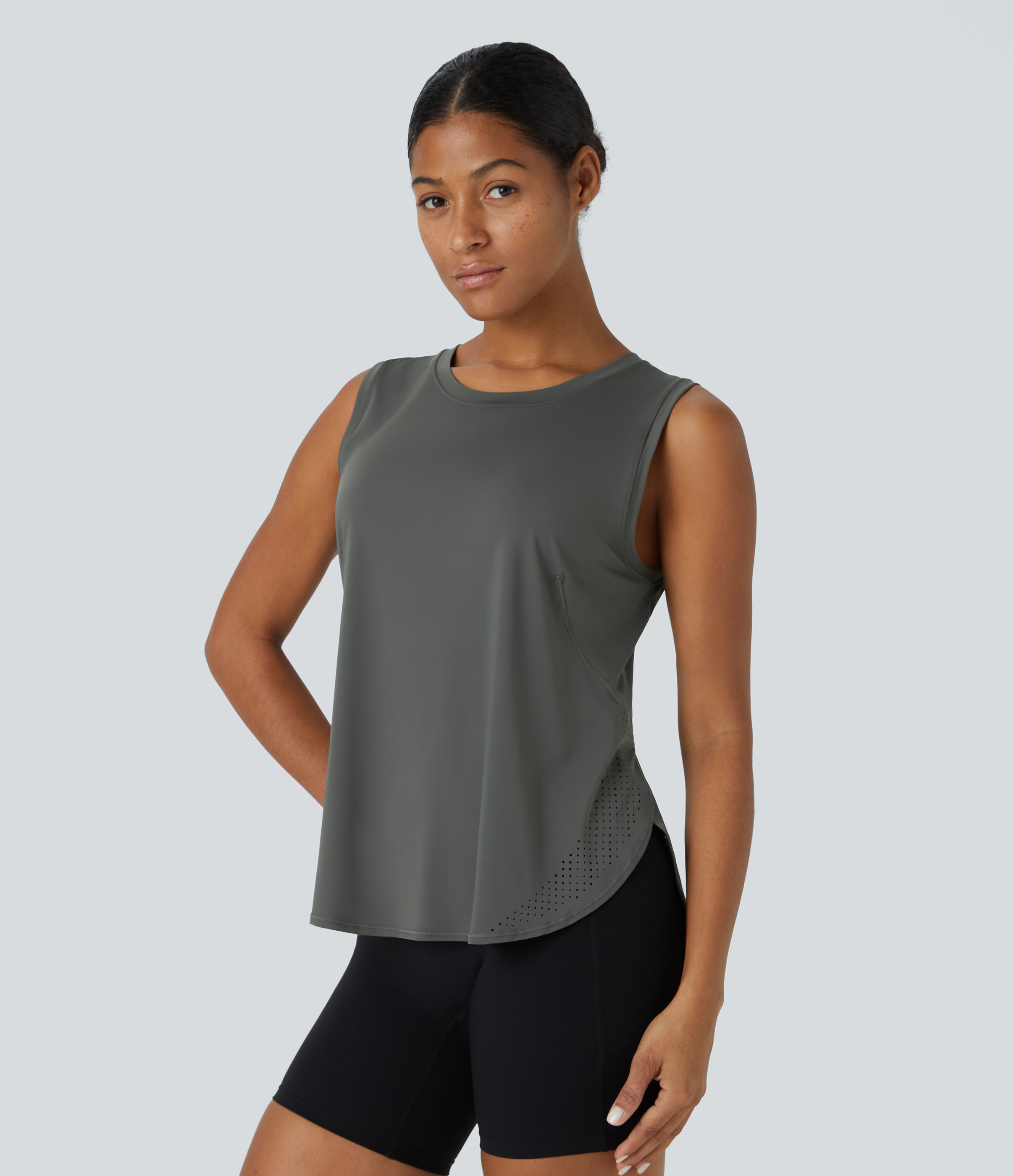 Halara Round Neck Mesh Curved Hem Tennis Tank Top Tank Top - Gunmetal - XS golf tops halter top tunic tops sleeveless tops backless top 