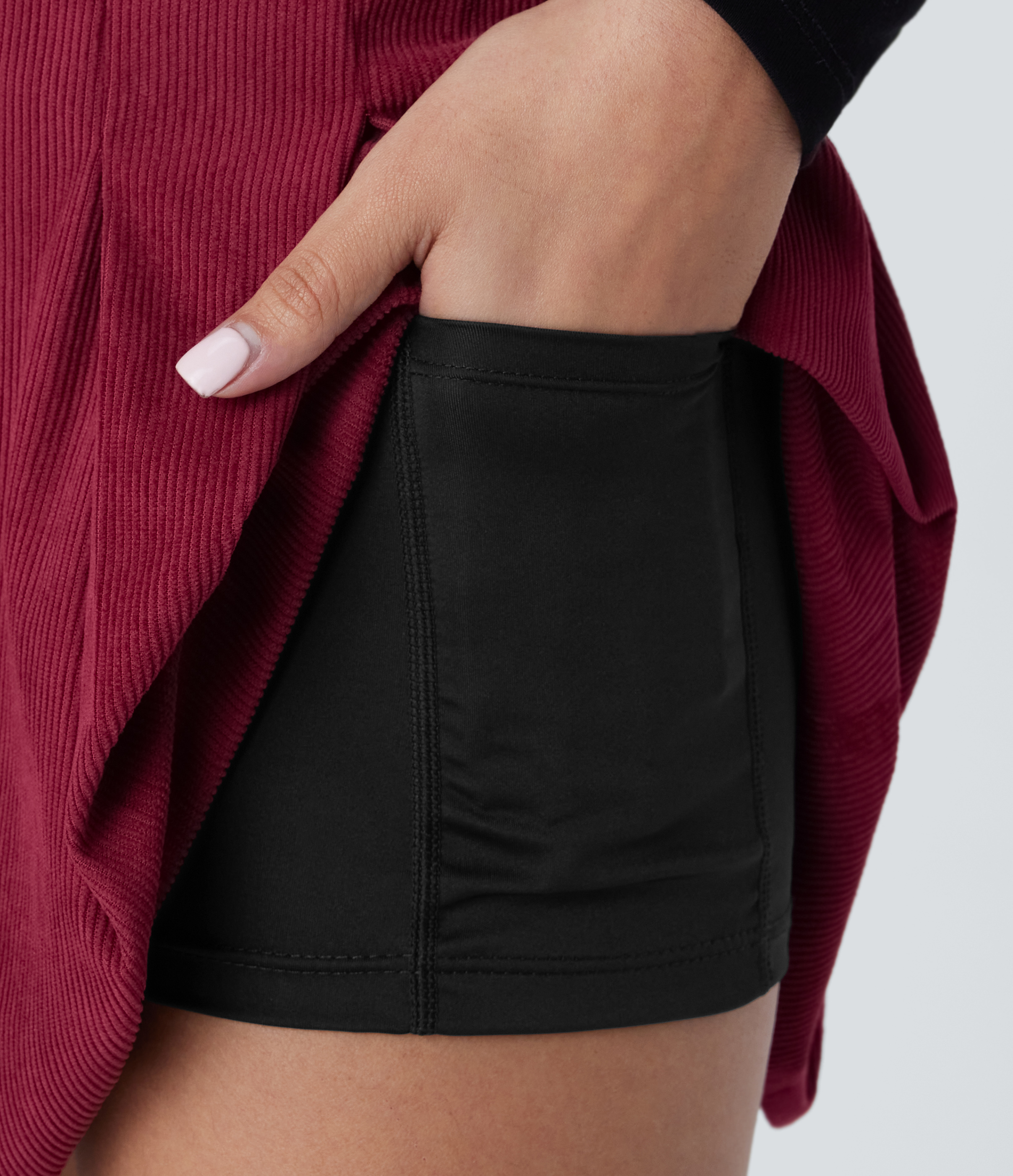 Halara Everyday 2-in-1 Side Pocket Pleated Corduroy Skirt-Airy  - Deep Wine - S 