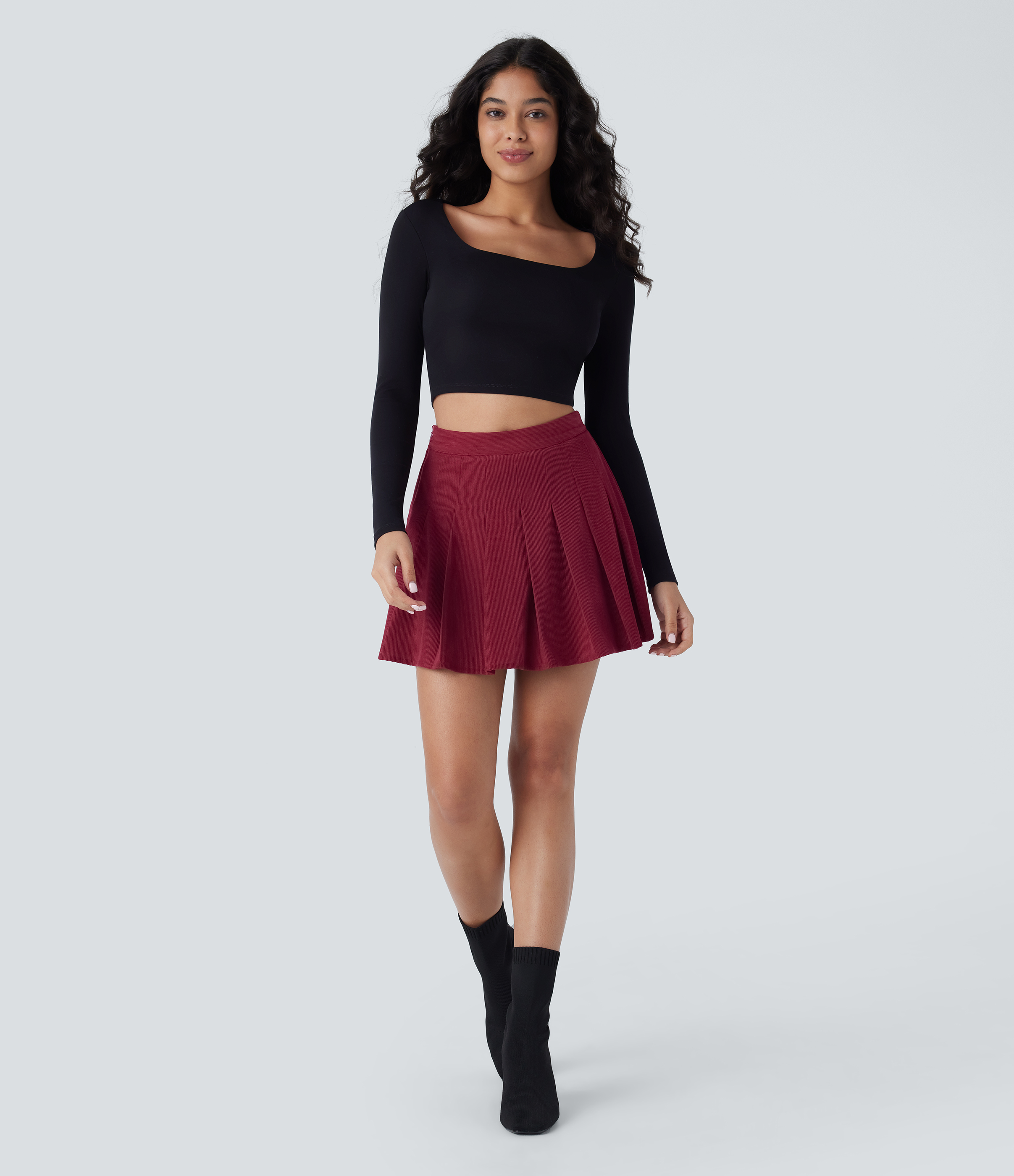 Halara Everyday 2-in-1 Side Pocket Pleated Corduroy Skirt-Airy  - Deep Wine - S 