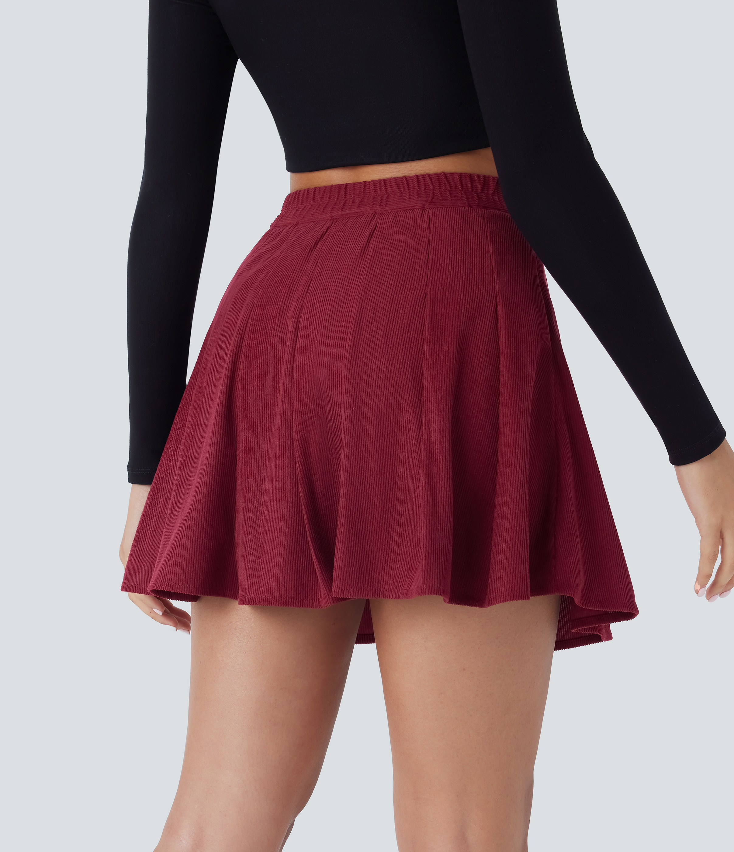 Halara Everyday 2-in-1 Side Pocket Pleated Corduroy Skirt-Airy  - Deep Wine - S 