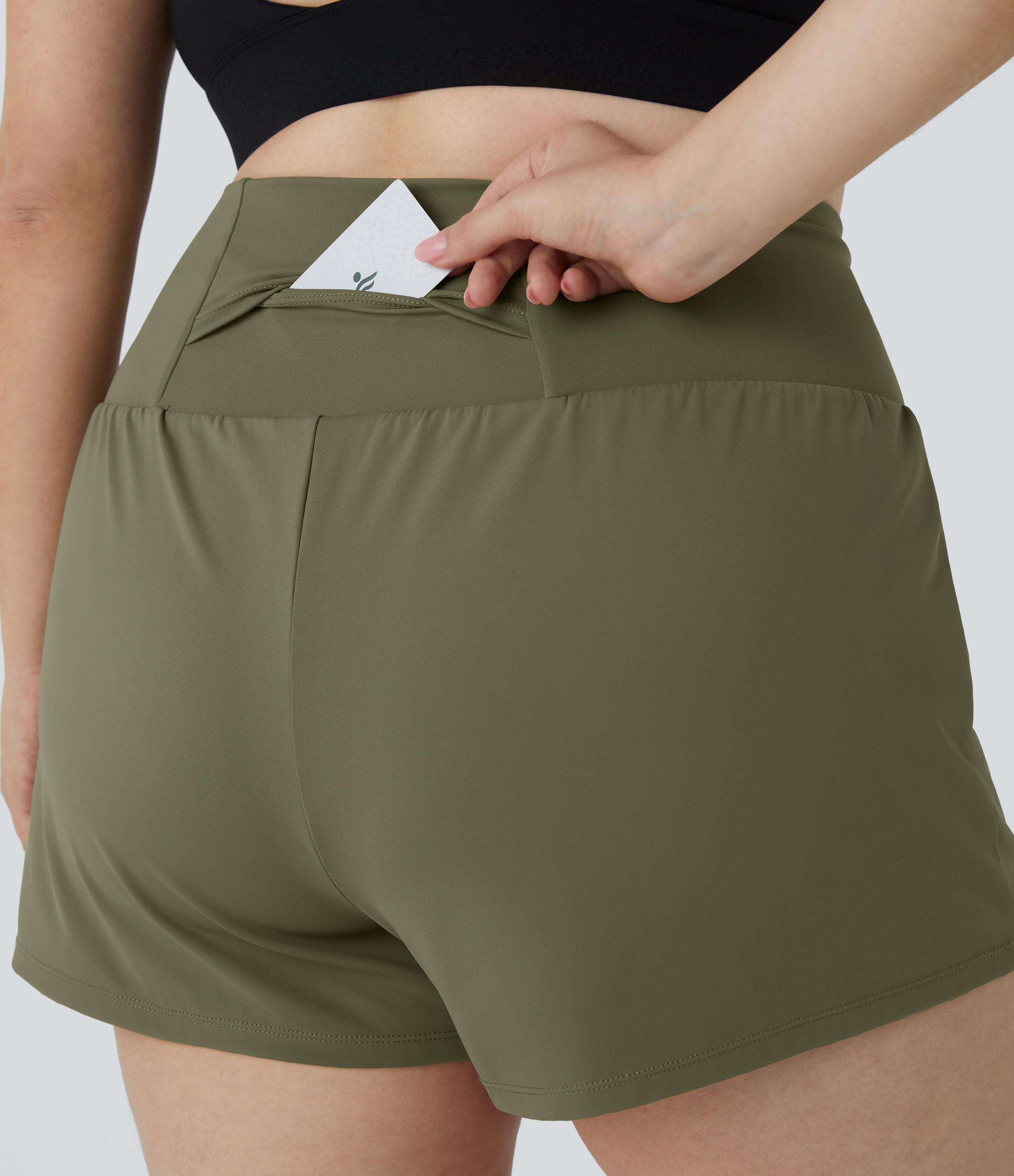 Halara Back Pocket Plus Side Hidden Pocket 2-in-1 Gym Plus Size Shorts 3.5``  - Withered Green - 1X 