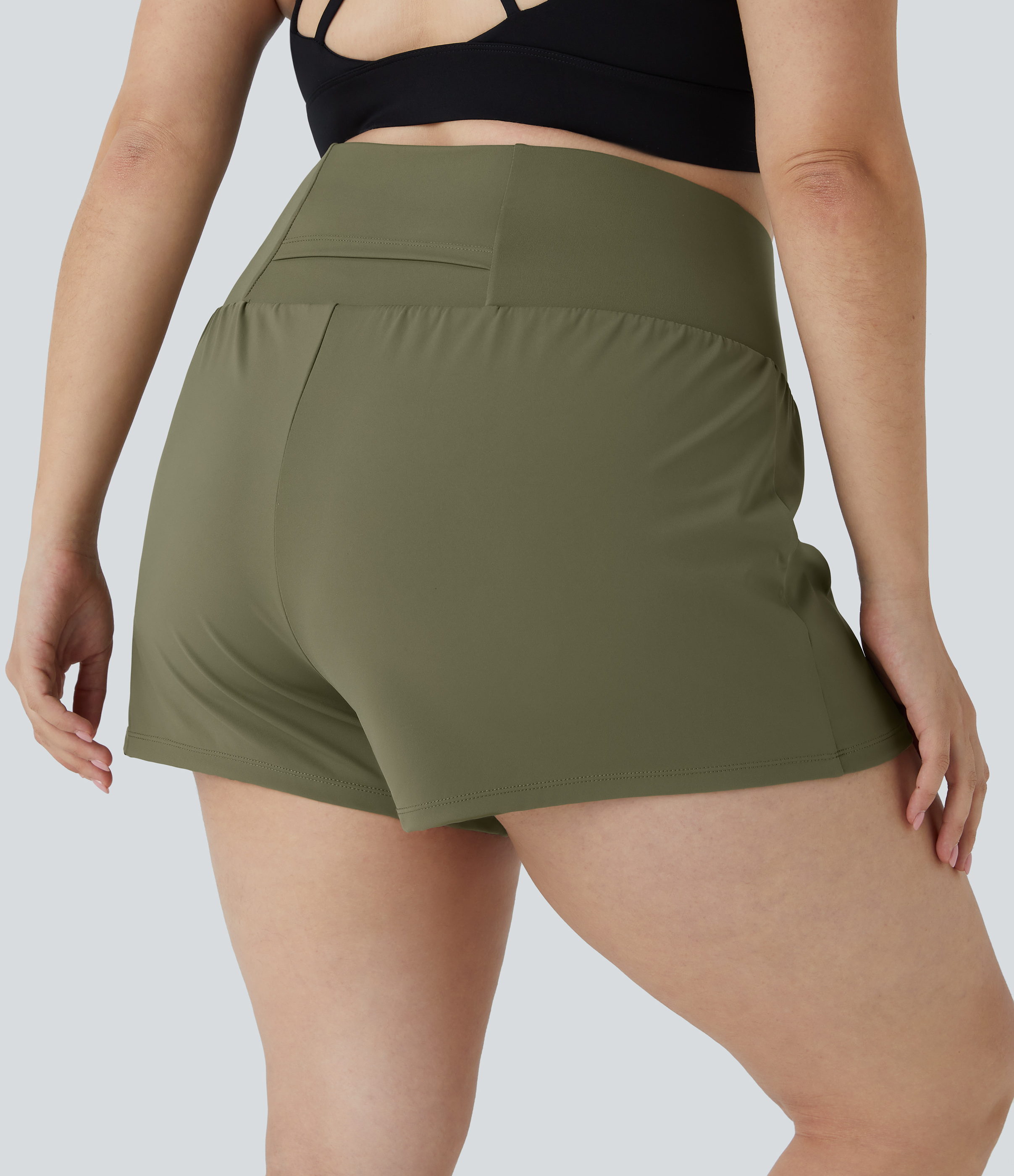 Halara Back Pocket Plus Side Hidden Pocket 2-in-1 Gym Plus Size Shorts 3.5``  - Withered Green - 1X 