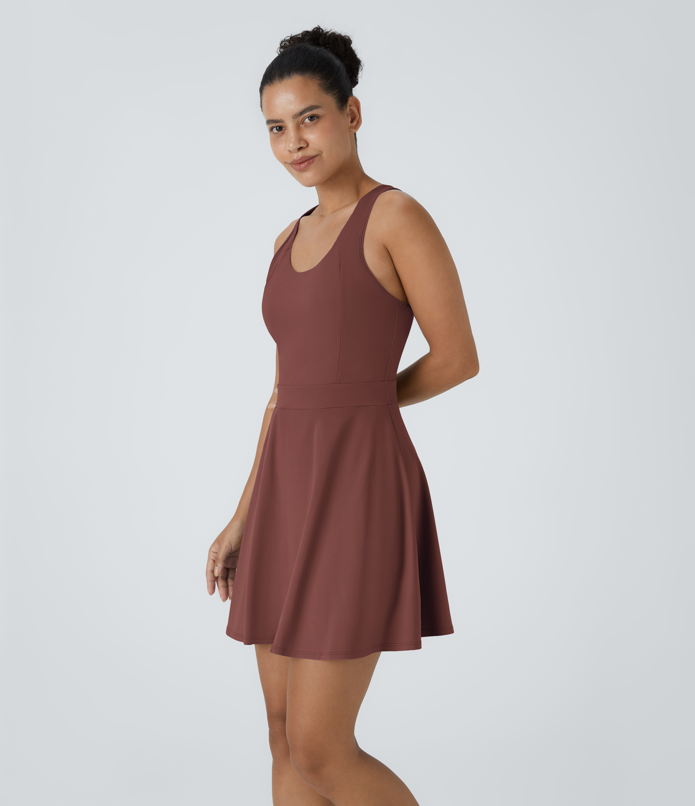 Halara Backless Racerback Flare Mini Golf Active Dress Workout Dress - Brandy Brown - XS 