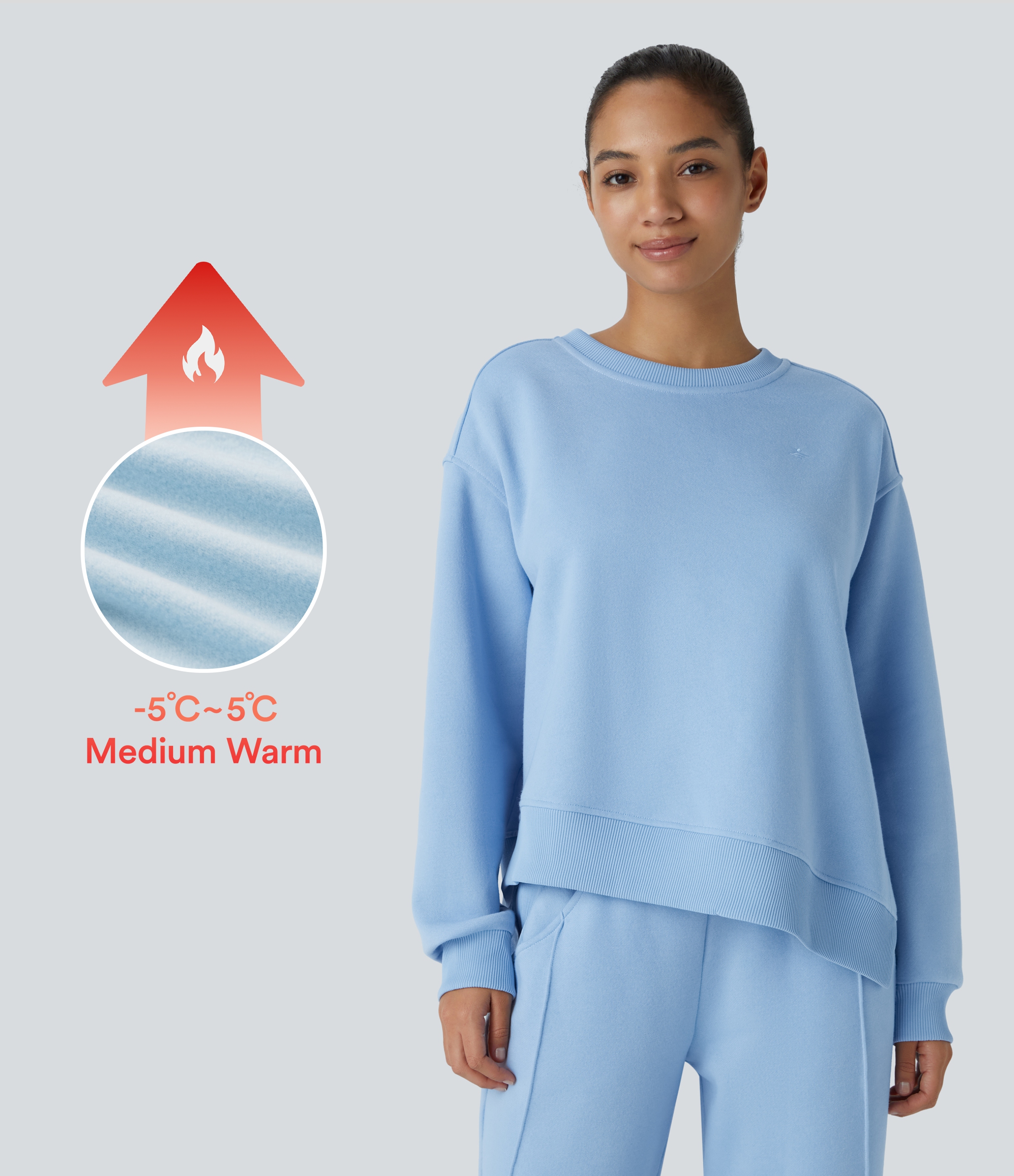 Cool Ice Blue Crew Neck Dropped Shoulder Long Sleeve Hem Contrast Ribbed Embroidery Oversize Fleece Casual Sweatshirt / 1