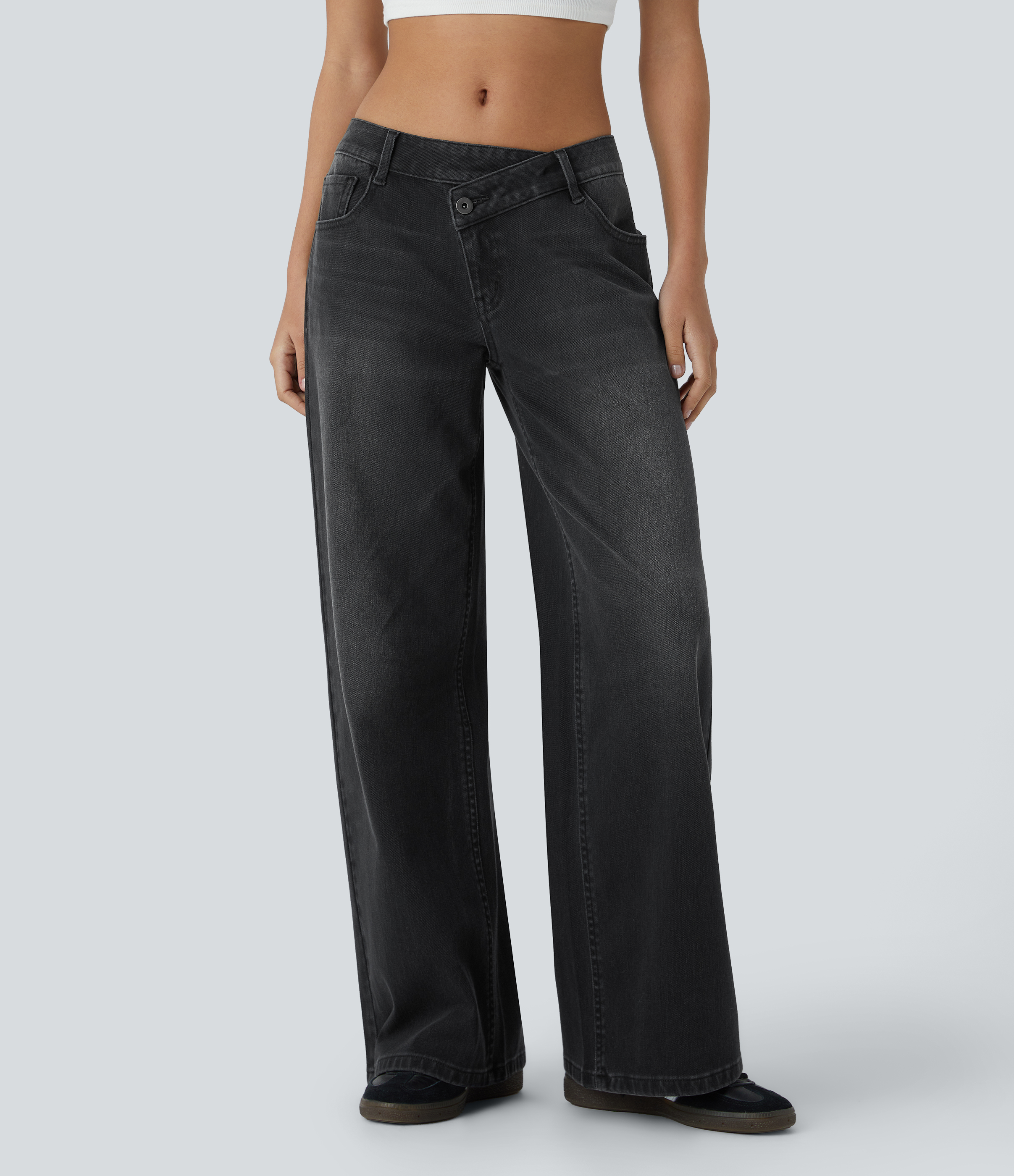 Halara Flex™ Asymmetric Low Rise Zipper Pockets Baggy Wide Leg Washed Casual Jeans