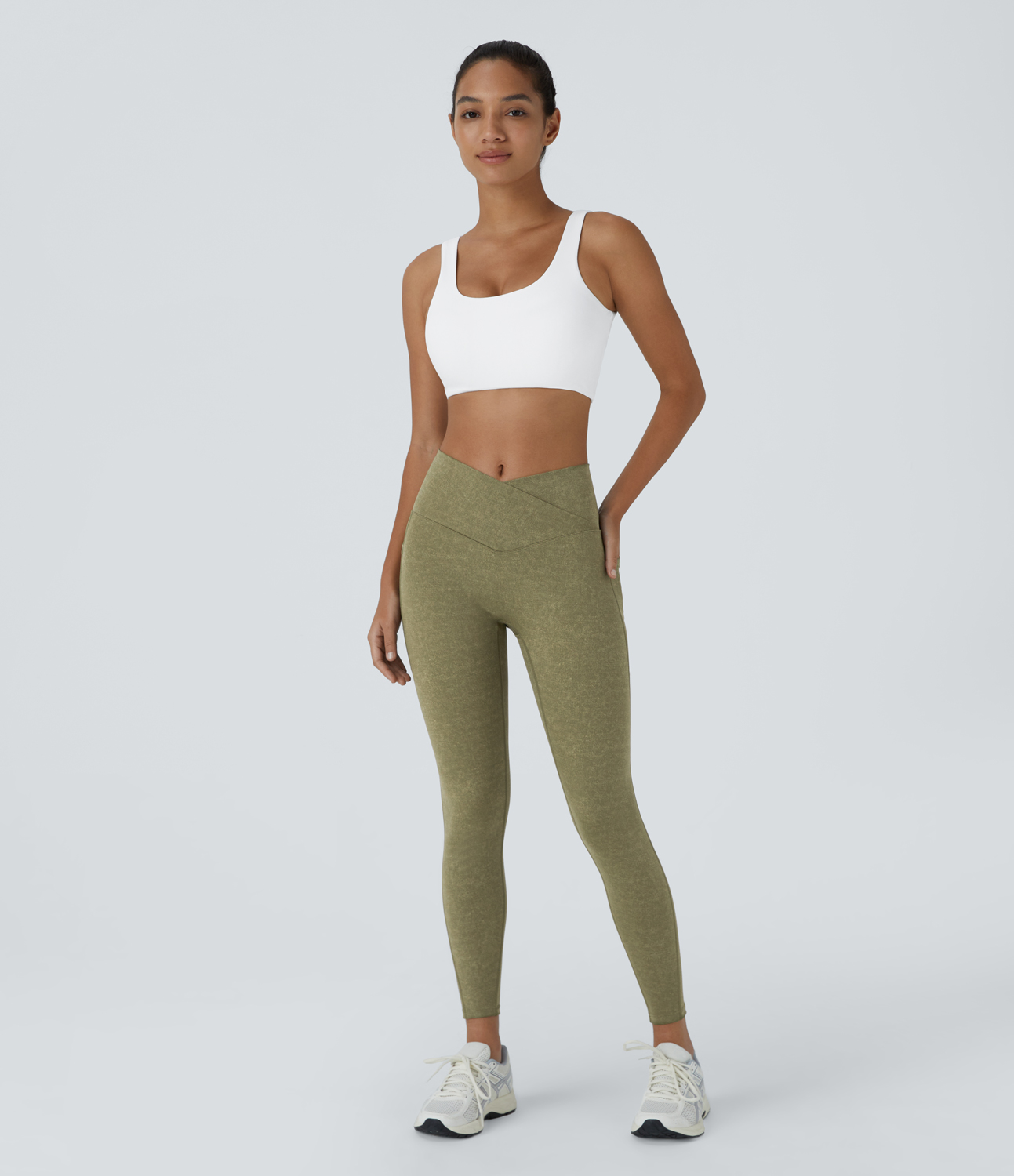 Halara Crossover Side Pocket Stretchy Denim Print Yoga Leggings  - Aloe - S(7/8) gym leggings leggings with pockets leggings with butt lift 