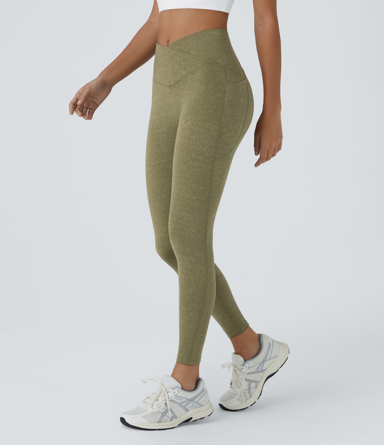 Halara Crossover Side Pocket Stretchy Denim Print Yoga Leggings  - Aloe - S(7/8) gym leggings leggings with pockets leggings with butt lift 