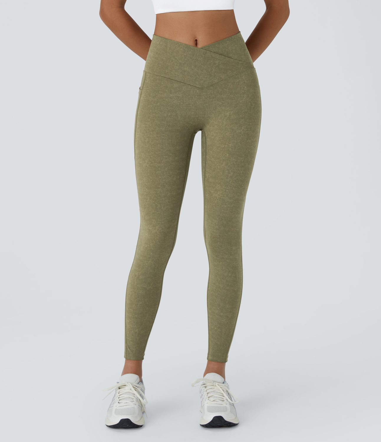 Halara Crossover Side Pocket Stretchy Denim Print Yoga Leggings  - Aloe - S(7/8) gym leggings leggings with pockets leggings with butt lift 