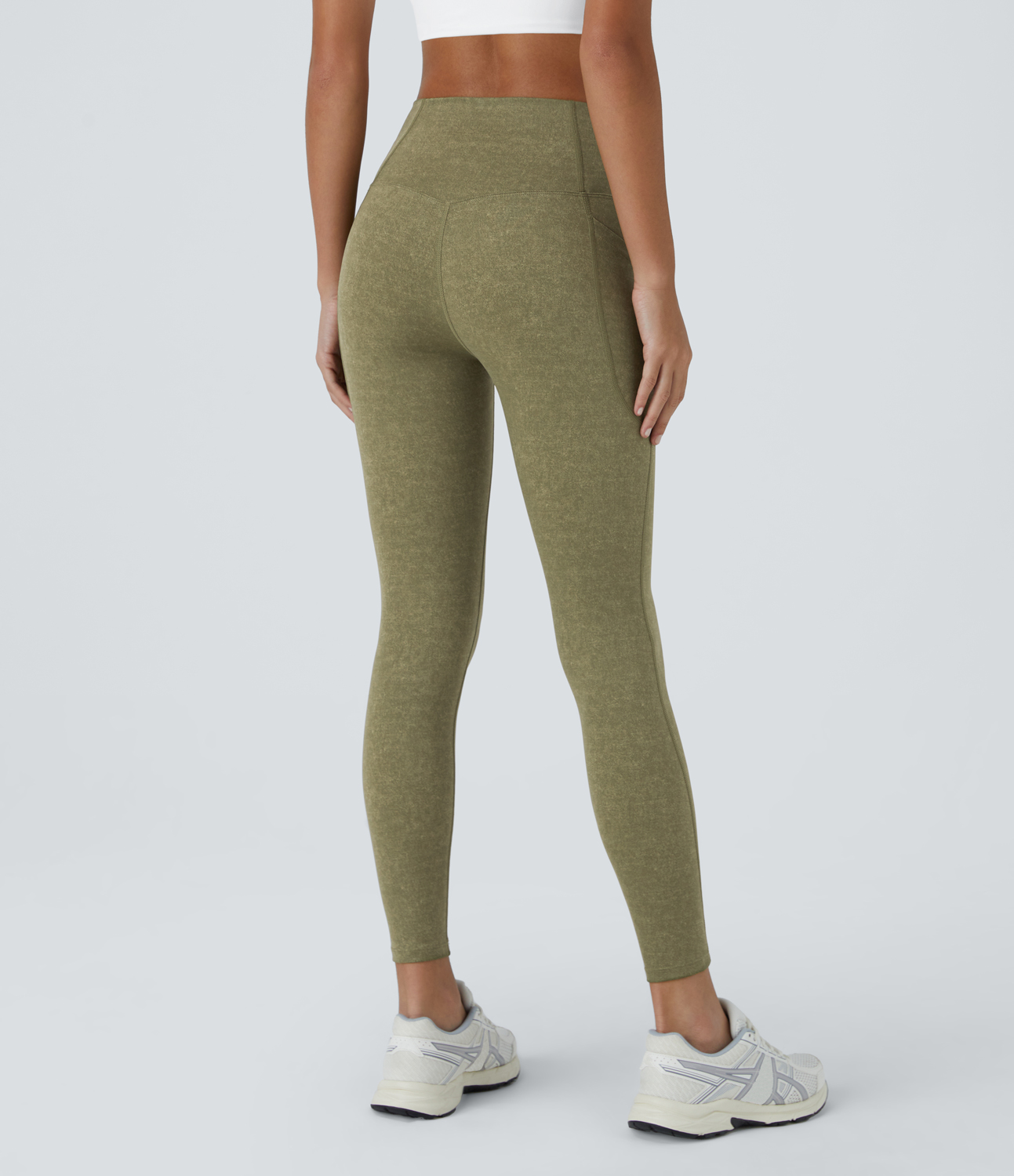 Halara Crossover Side Pocket Stretchy Denim Print Yoga Leggings  - Aloe - S(7/8) gym leggings leggings with pockets leggings with butt lift 