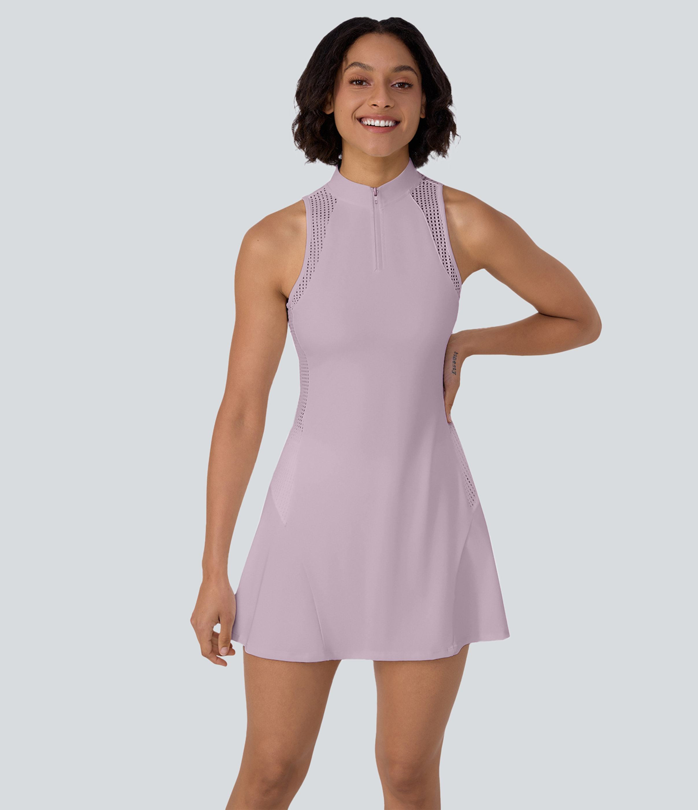 Halara Half Zip Contrast Mesh Side Pocket 2-Piece Mini Tennis Active Dress Workout Dress - Pink Purple - M 