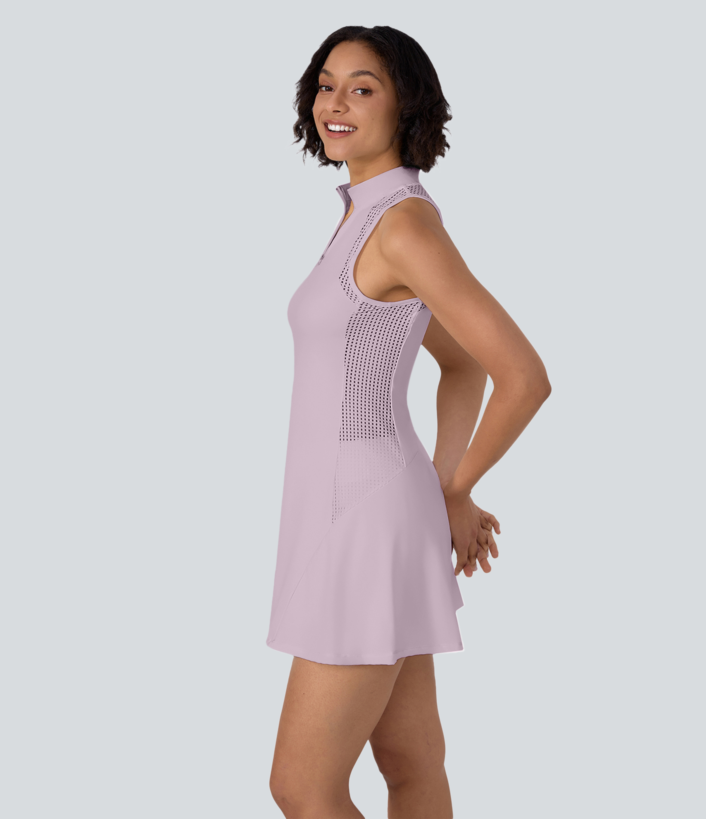 Halara Half Zip Contrast Mesh Side Pocket 2-Piece Mini Tennis Active Dress Workout Dress - Pink Purple - M 