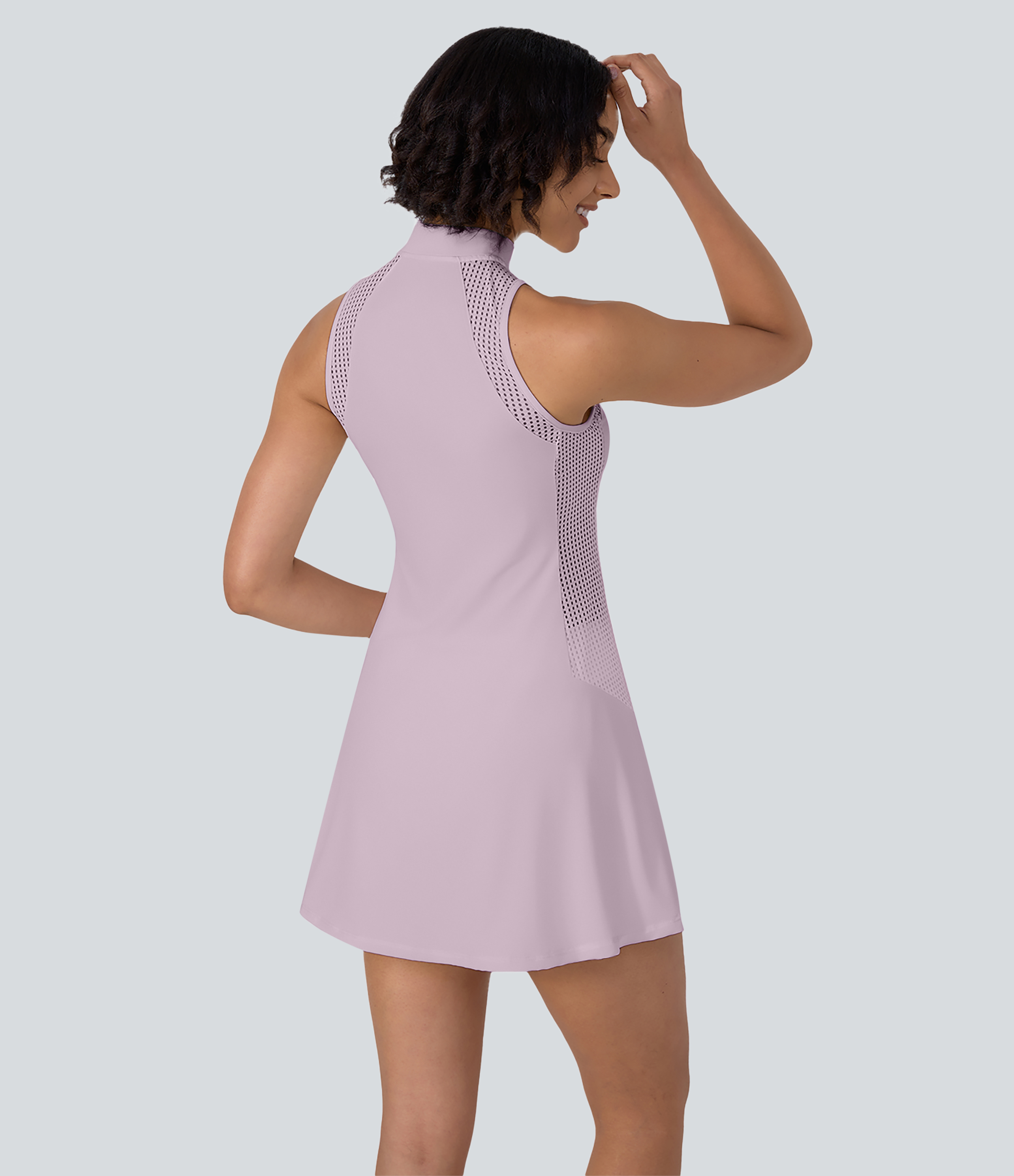 Halara Half Zip Contrast Mesh Side Pocket 2-Piece Mini Tennis Active Dress Workout Dress - Pink Purple - M 