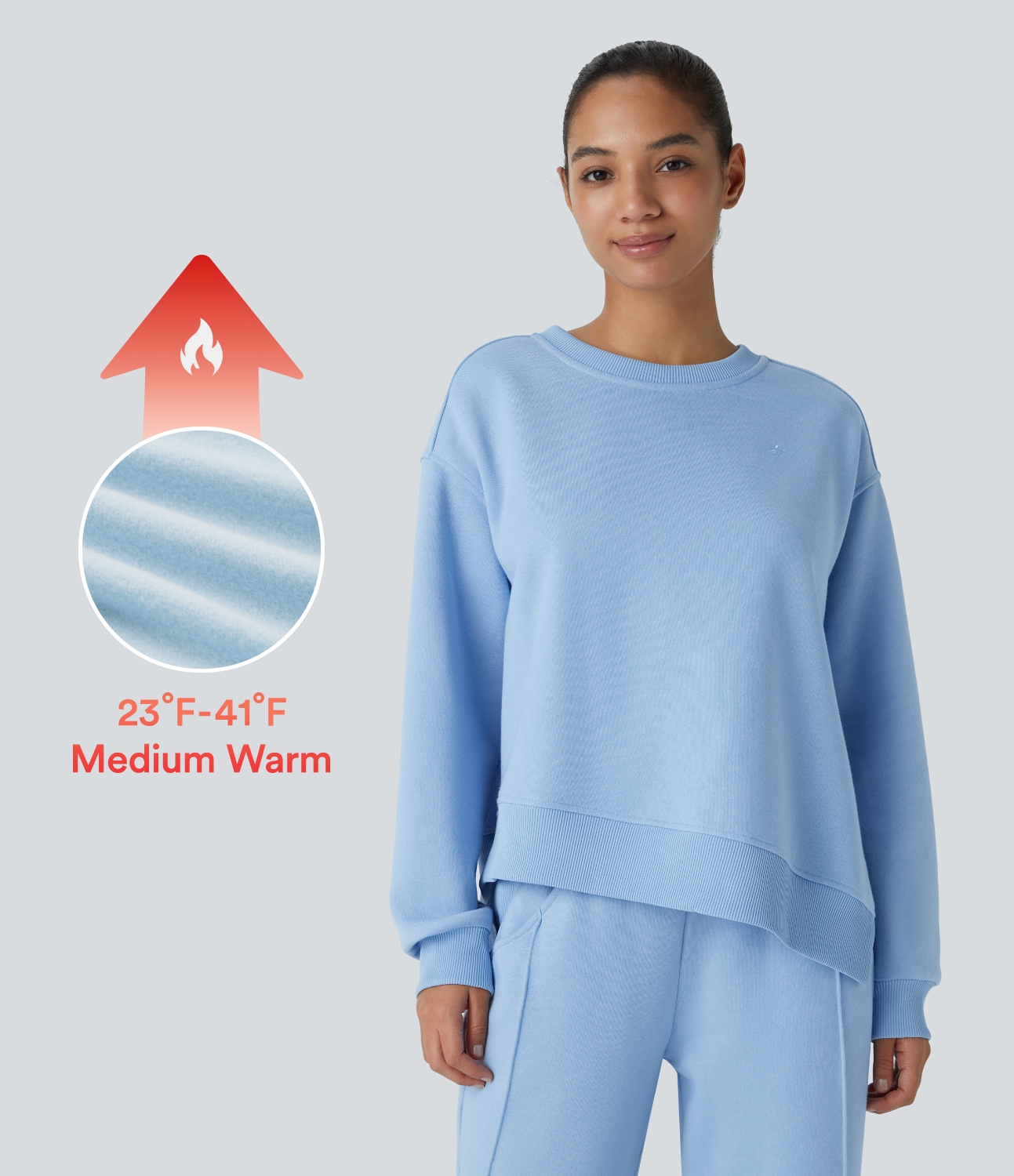 Cool Ice Blue ラウンドネック ドロップショルダー 長袖 スプリットヘム コントラストリブ 刺繍 オーバーサイズ フリース カジュアルスウェットシャツ / 1