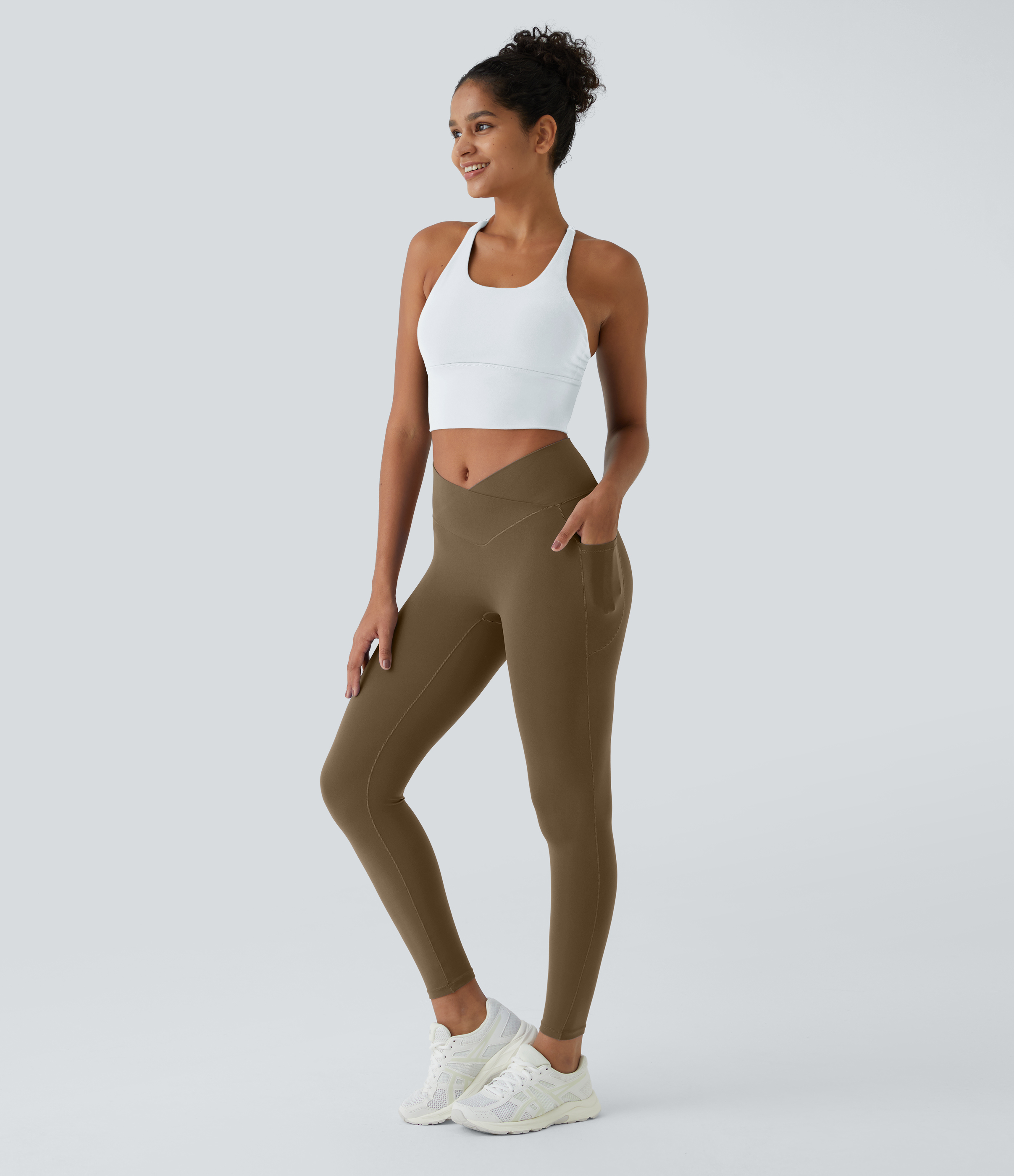 Halara Everyday Cloudfulв„ў Fabric Crossover Pocket Plain Leggings  - Chestnut Brown - S(7/8) gym leggings leggings with pockets 