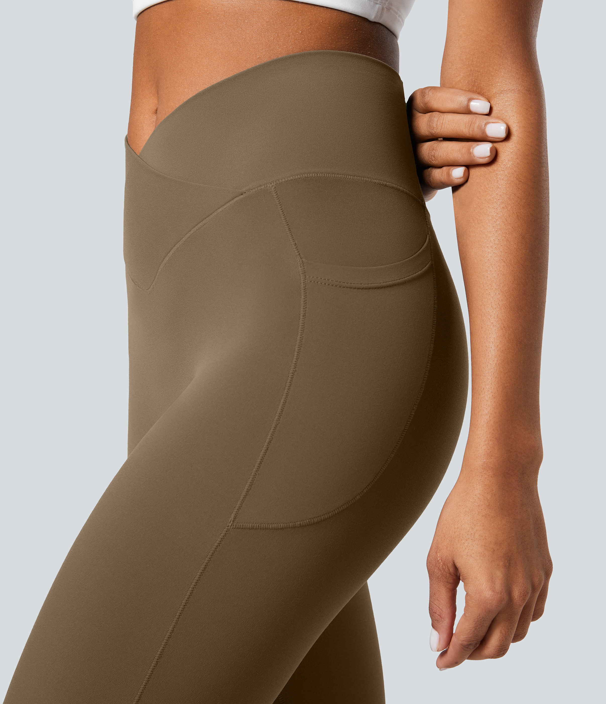 Halara Everyday Cloudfulв„ў Fabric Crossover Pocket Plain Leggings  - Chestnut Brown - S(7/8) gym leggings leggings with pockets 