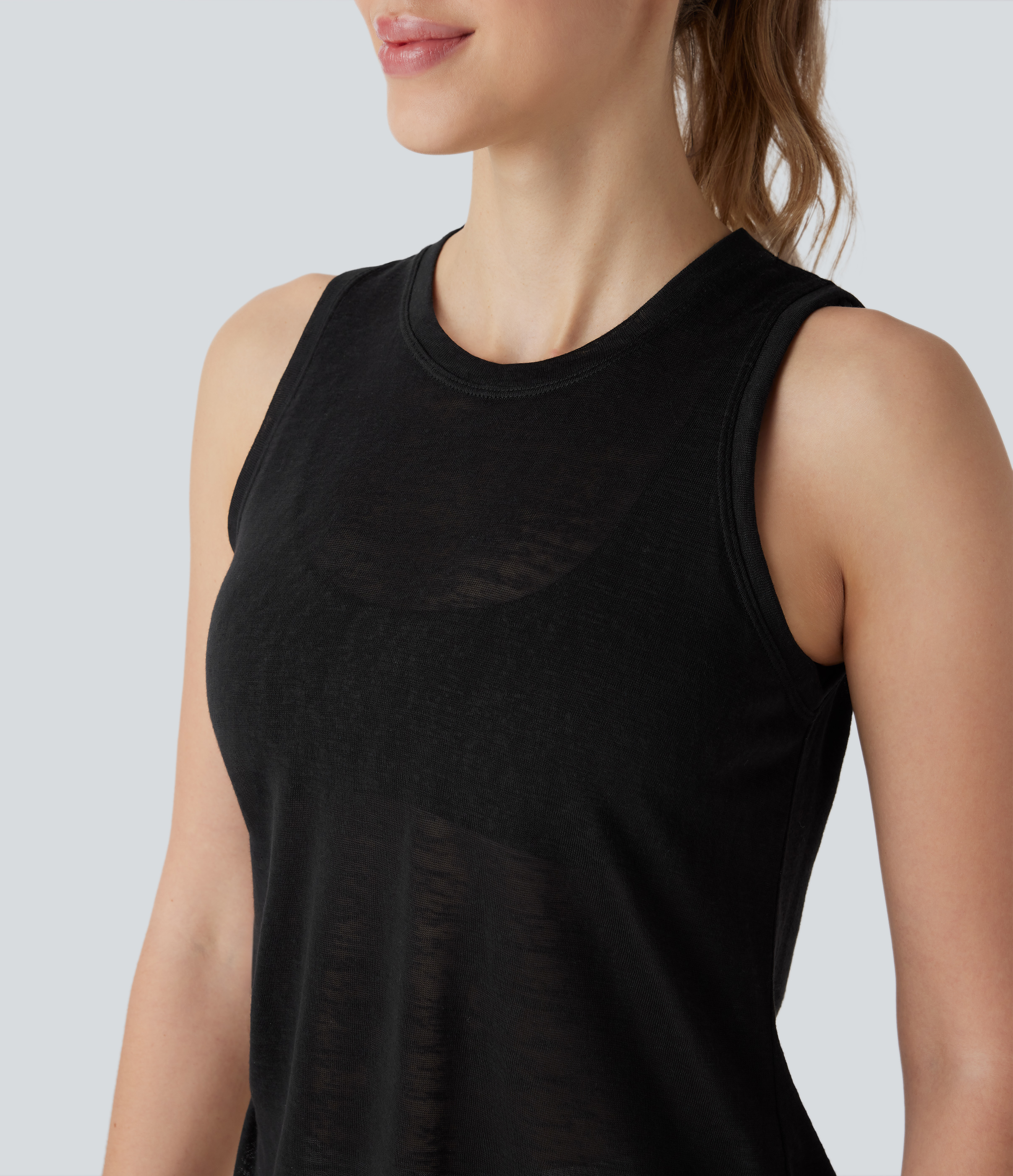 Halara Round Neck Asymmetric Split Hem Tie Side Yoga Tank Top Tank Top - Black - XS golf tops halter top tunic tops sleeveless tops 