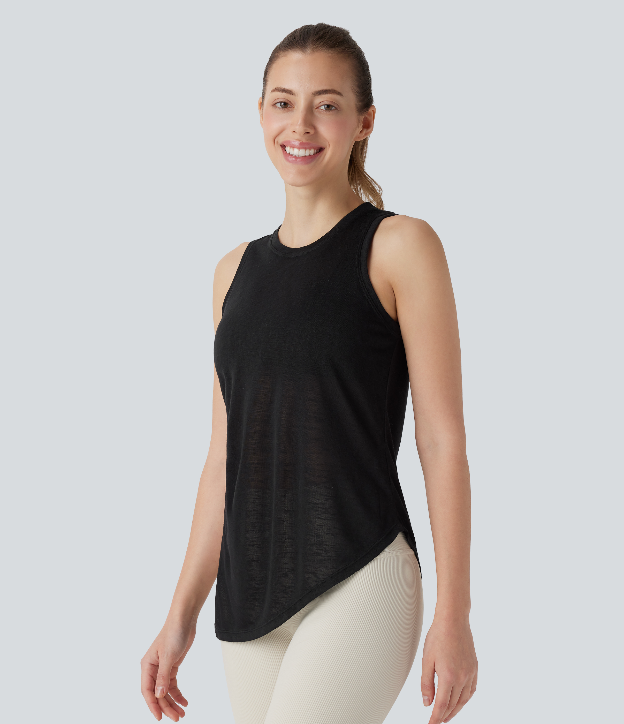 Halara Round Neck Asymmetric Split Hem Tie Side Yoga Tank Top Tank Top - Black - XS golf tops halter top tunic tops sleeveless tops 