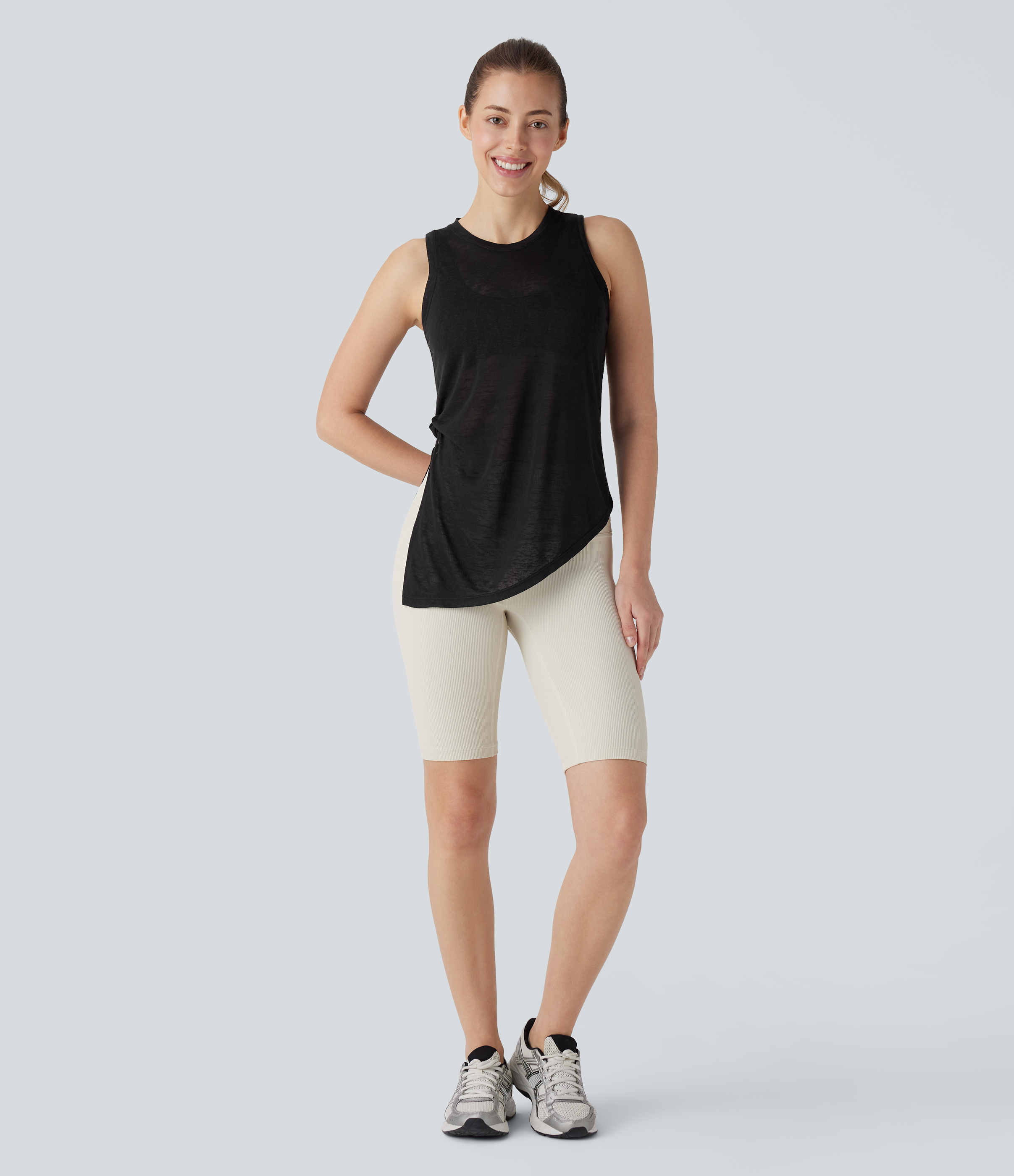 Halara Round Neck Asymmetric Split Hem Tie Side Yoga Tank Top Tank Top - Black - XS golf tops halter top tunic tops sleeveless tops 