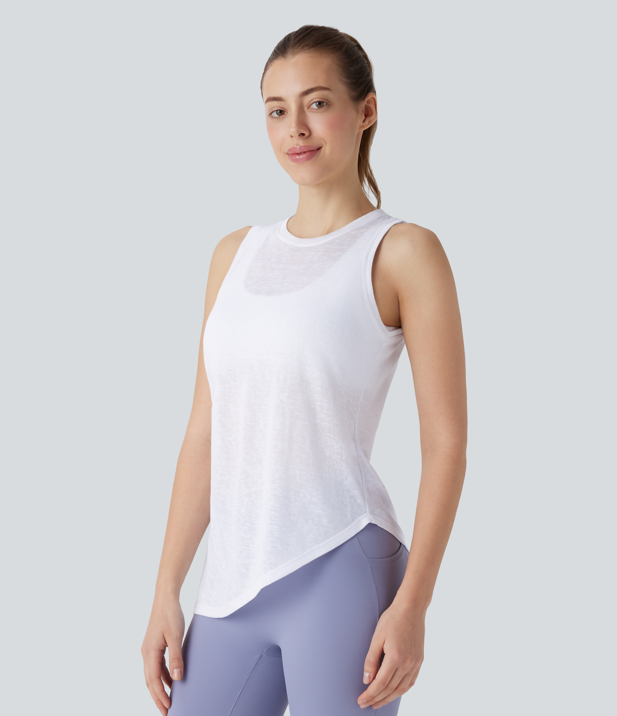 Halara Round Neck Asymmetric Split Hem Tie Side Yoga Tank Top Tank Top - White - L golf tops halter top tunic tops sleeveless tops 