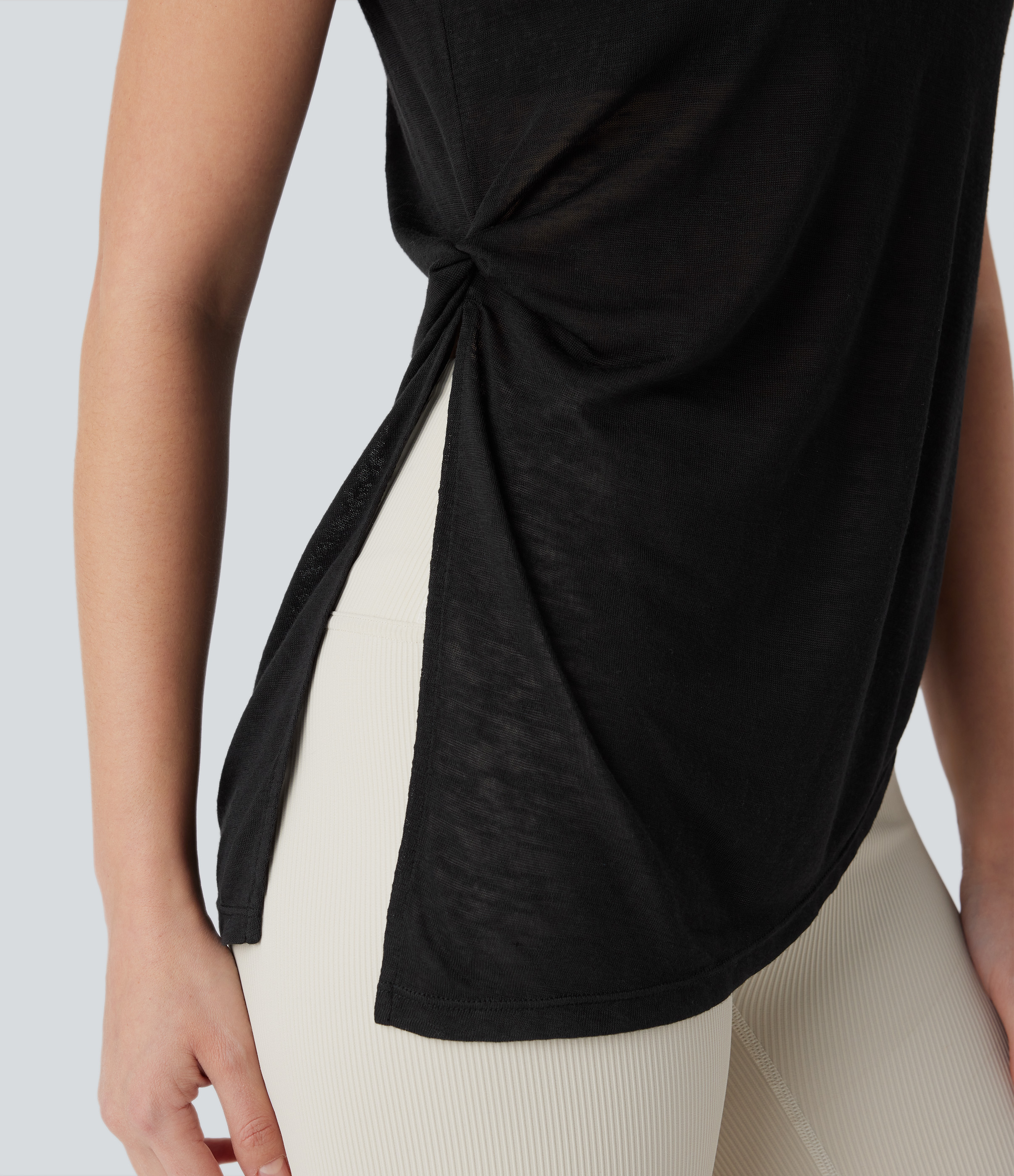 Halara Round Neck Asymmetric Split Hem Tie Side Yoga Tank Top Tank Top - Black - XS golf tops halter top tunic tops sleeveless tops 