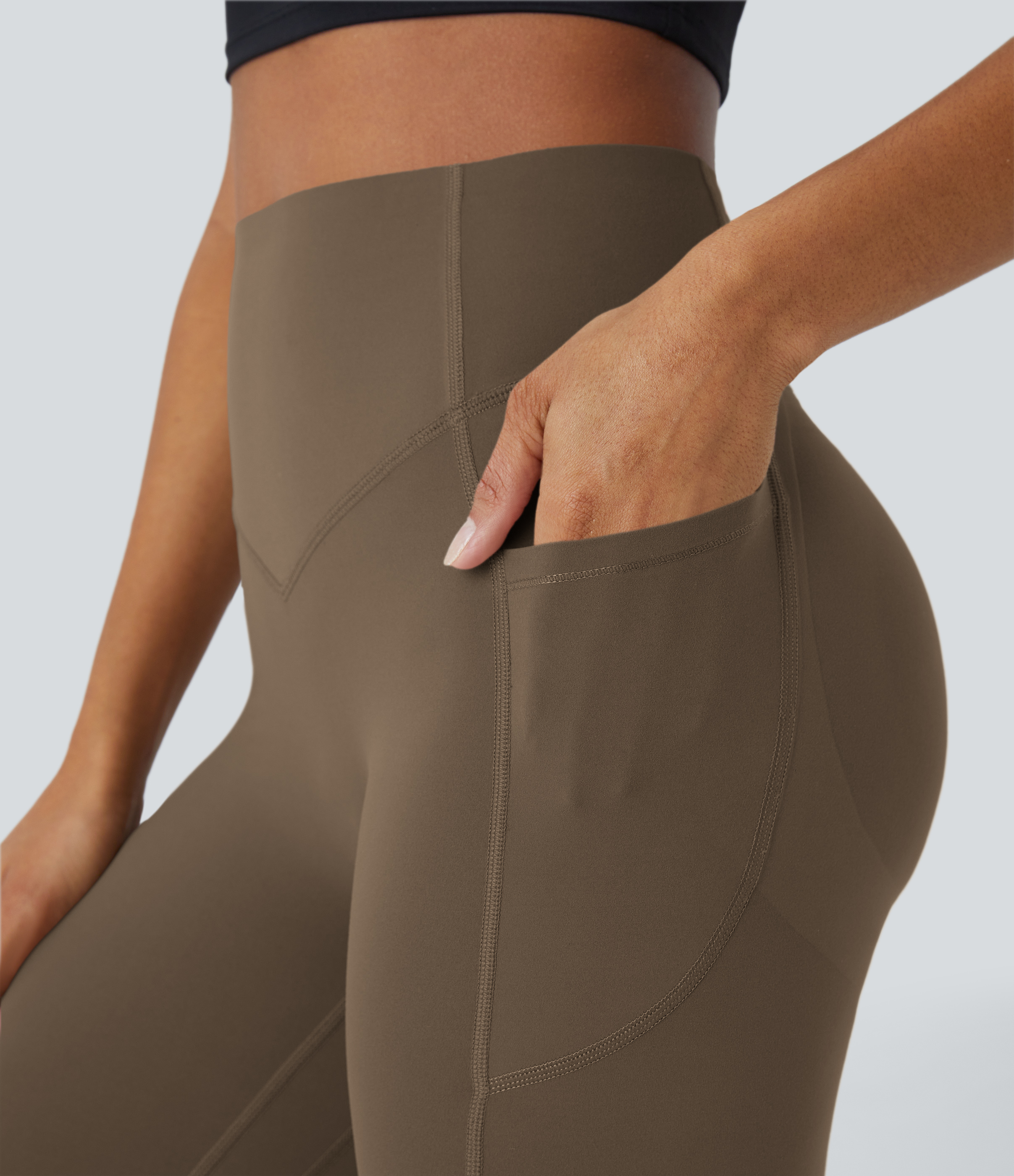 Halara SoCinched High Waisted Butt Lifting Tummy Control Side Pocket Shaping Training UltraSculpt Leggings  - Thick Earthy Brown - L(7/8) 