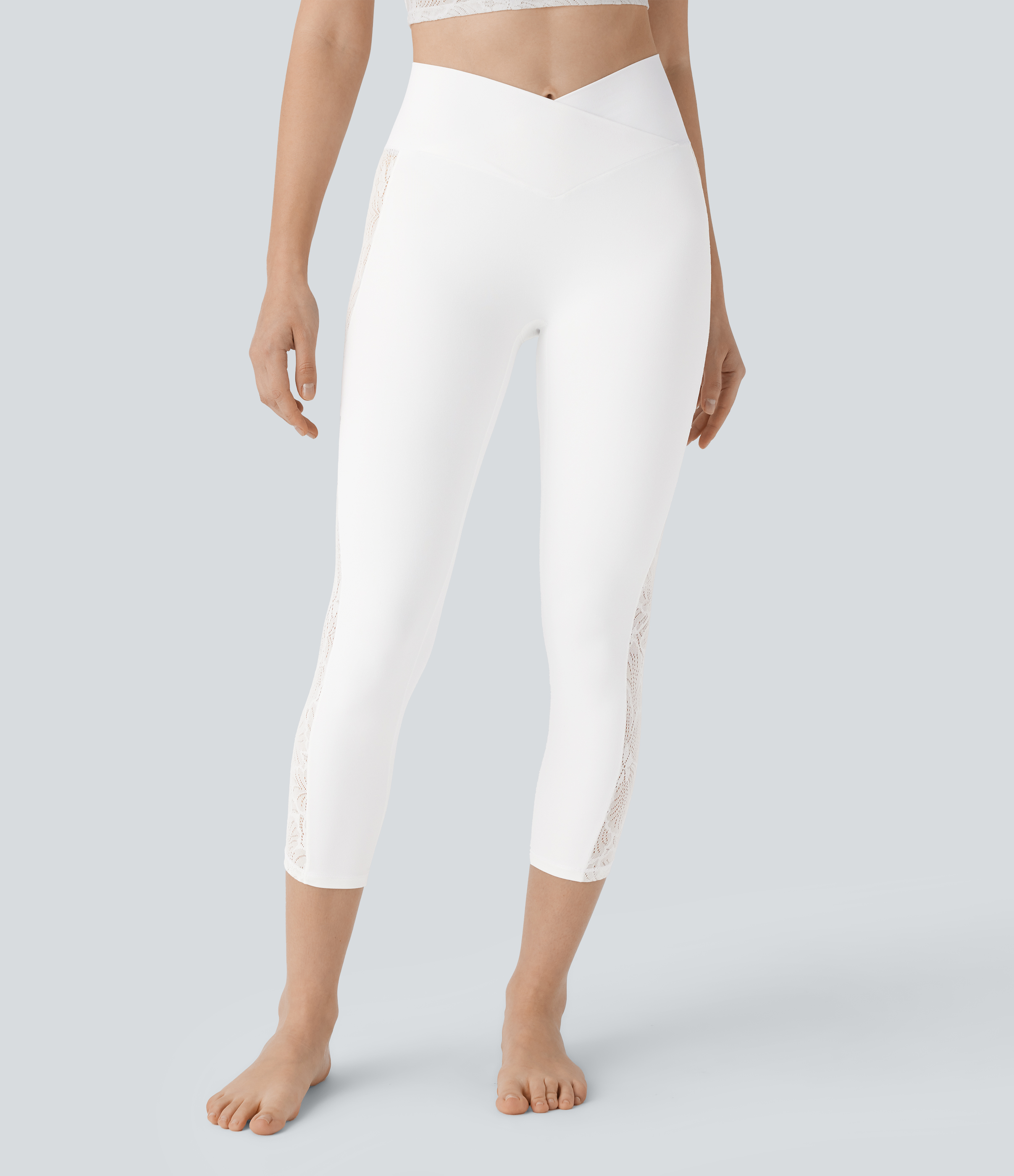Halara Softlyzeroв„ў High Waisted Crossover Contrast Lace Capri Yoga Leggings-UPF50+  - White - L gym leggings leggings with pockets 