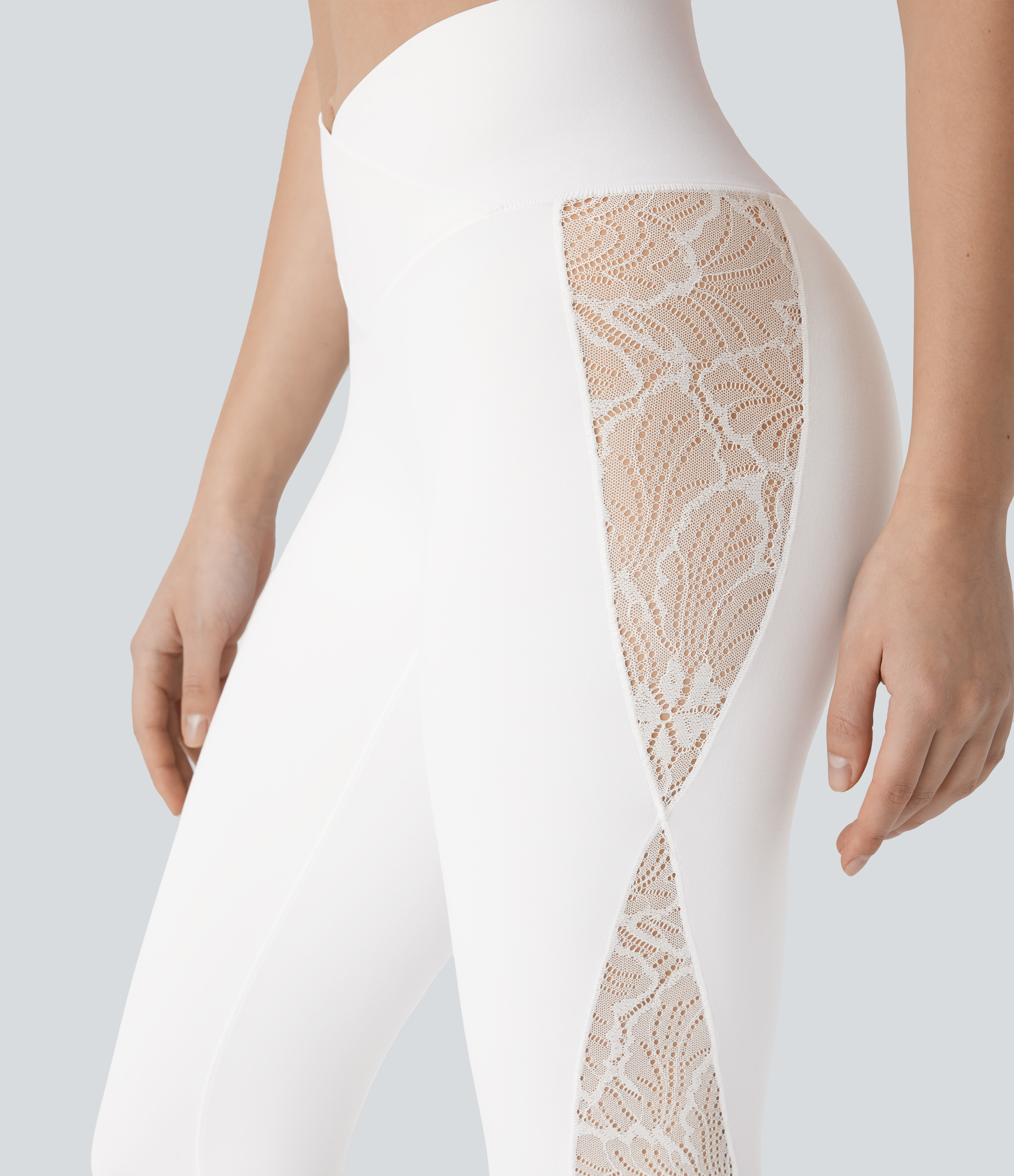 Halara Softlyzeroв„ў High Waisted Crossover Contrast Lace Capri Yoga Leggings-UPF50+  - White - L gym leggings leggings with pockets 