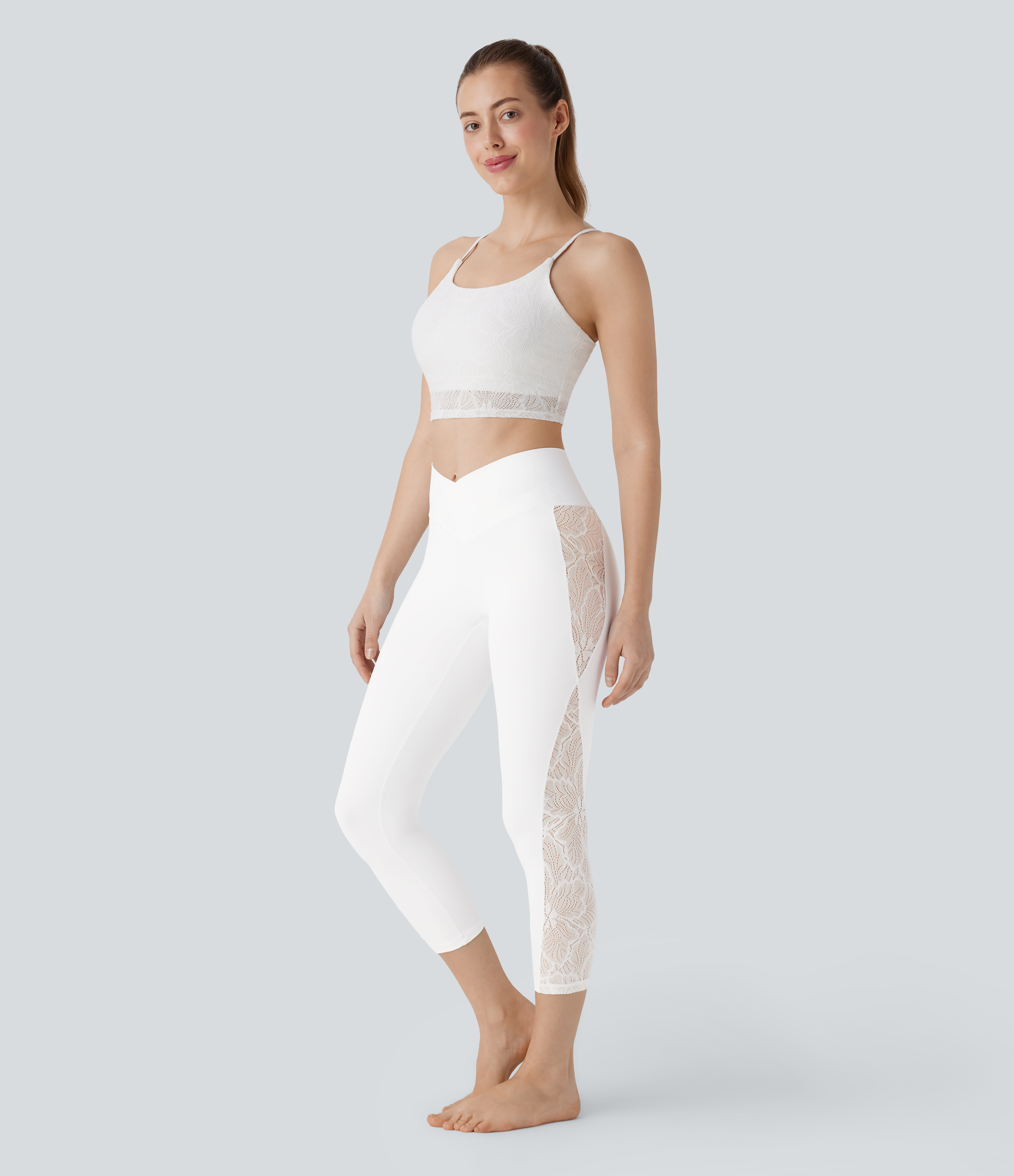 Halara Softlyzeroв„ў High Waisted Crossover Contrast Lace Capri Yoga Leggings-UPF50+  - White - L gym leggings leggings with pockets 