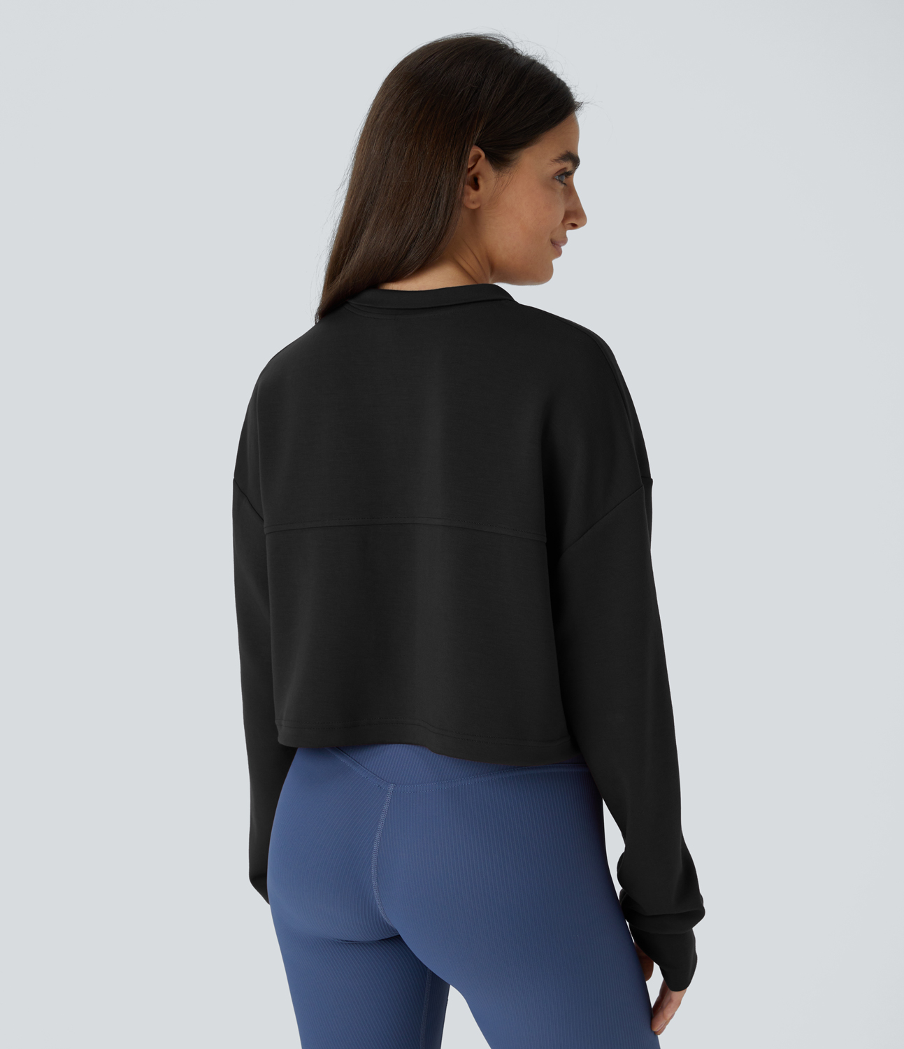 Halara Half Zipper Placket Thumb Hole Adjustable Drawcord Hem Cropped Casual Sweatshirt  - Black - L 
