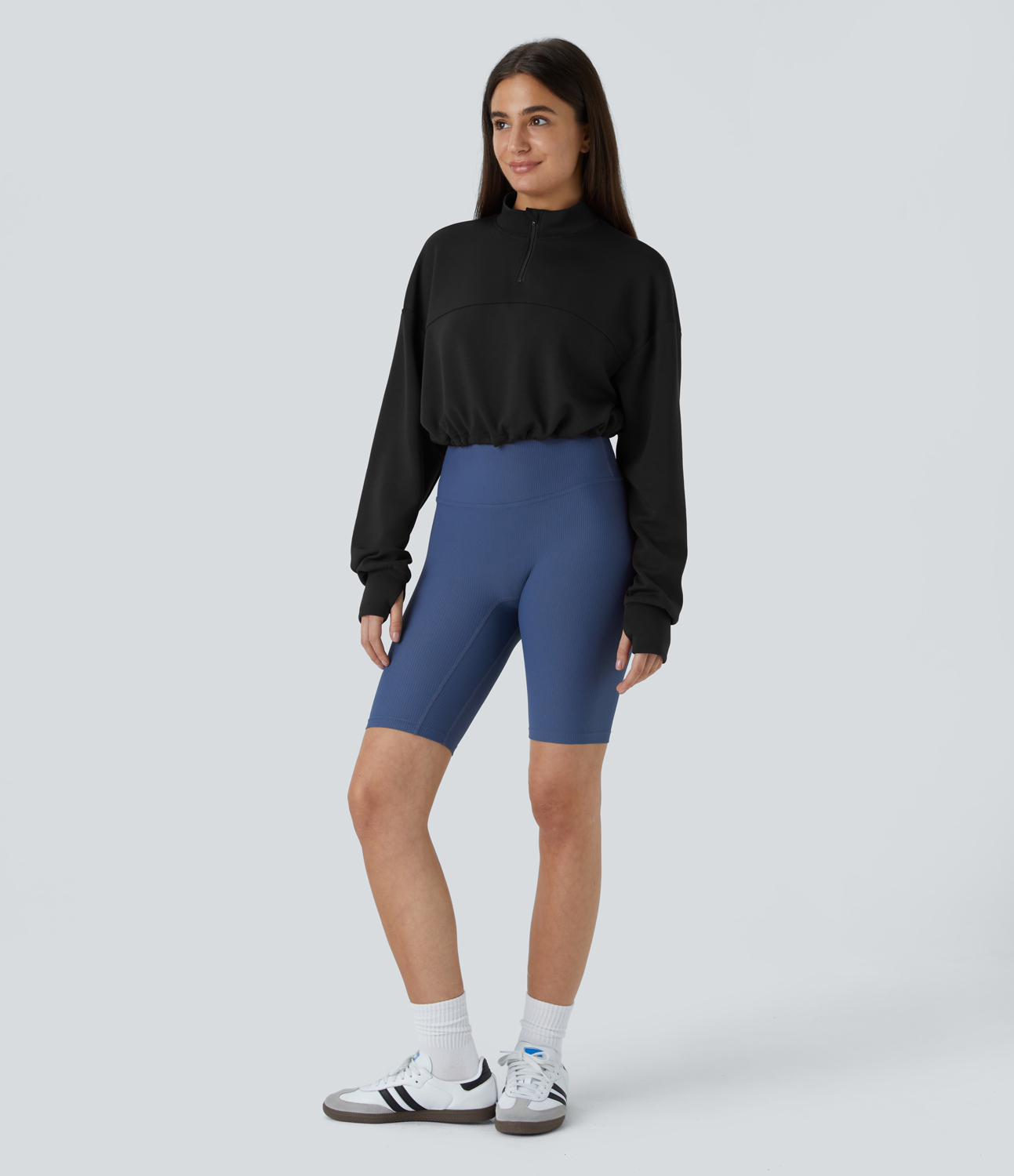Halara Half Zipper Placket Thumb Hole Adjustable Drawcord Hem Cropped Casual Sweatshirt  - Black - L 