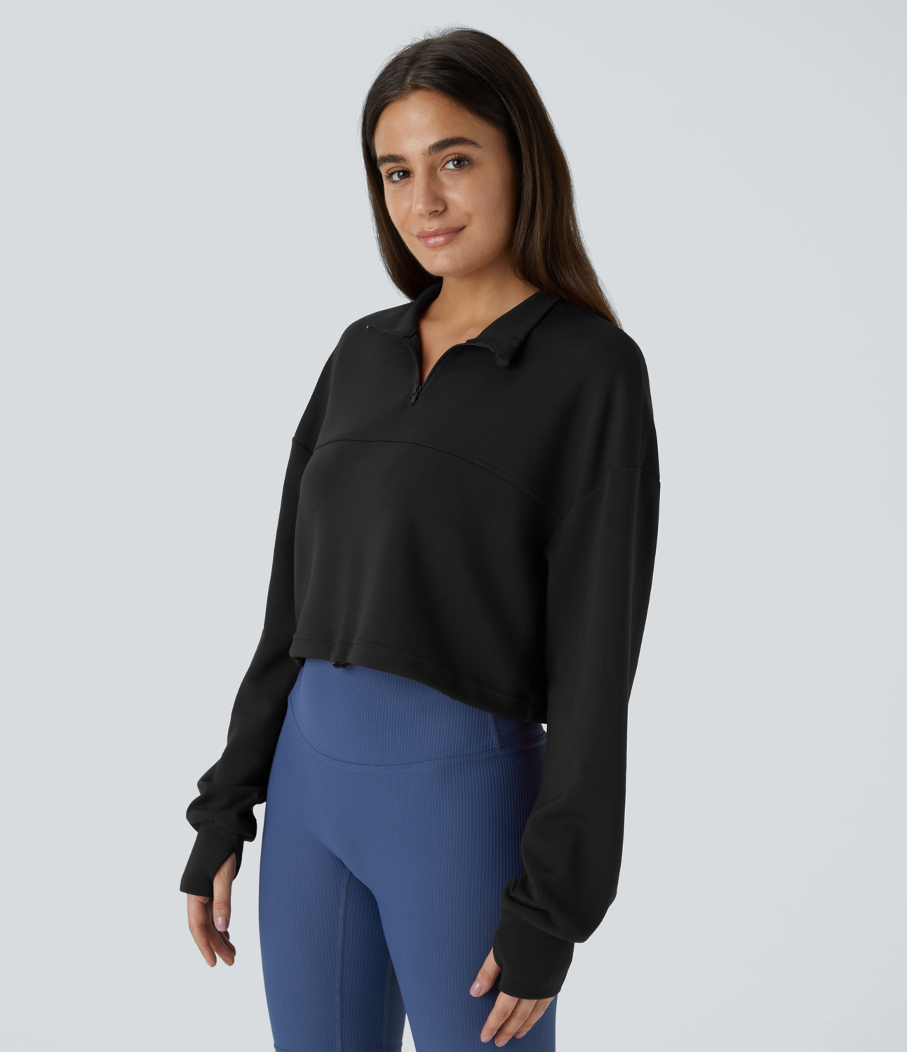 Halara Half Zipper Placket Thumb Hole Adjustable Drawcord Hem Cropped Casual Sweatshirt  - Black - L 