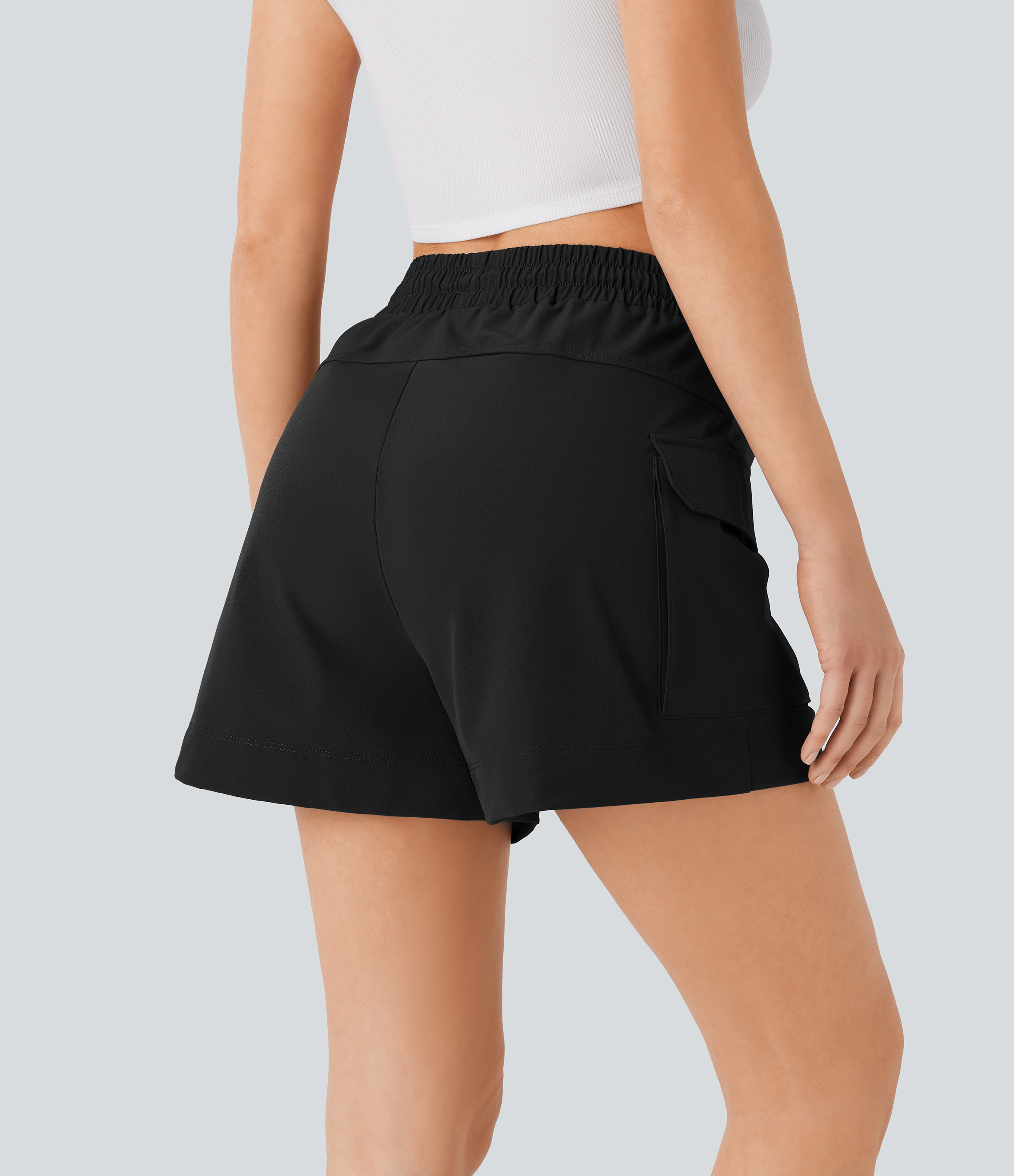 Halara High Waisted Drawstring Flap Pocket Casual Cargo Shorts  - Black - S booty shorts compression shorts yoga shorts 